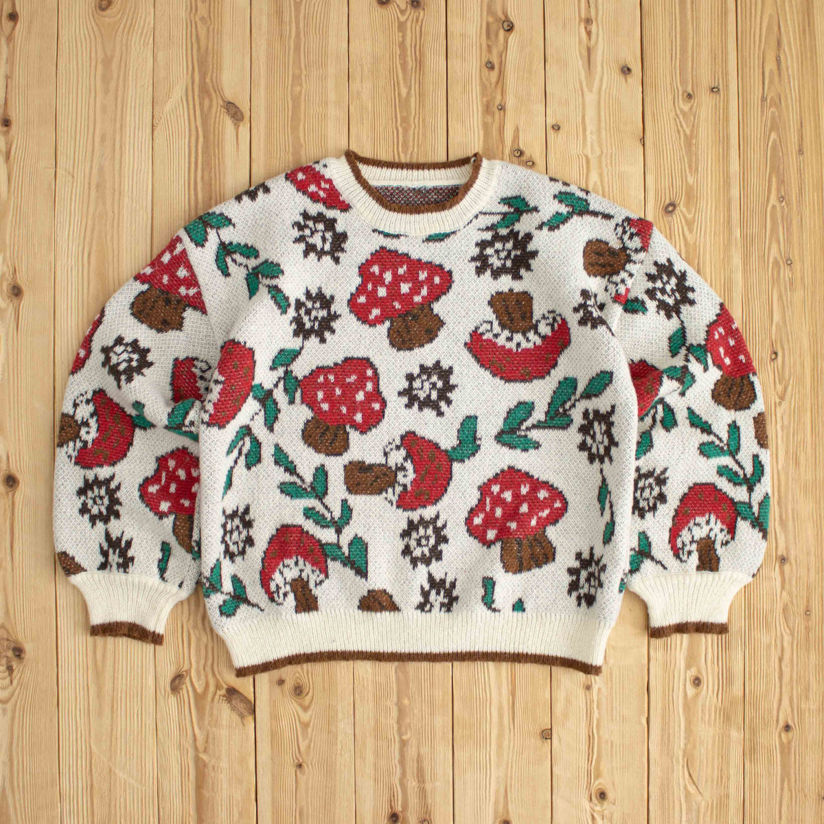 (S) Mushrooms Patterned Cute Sweater Beige