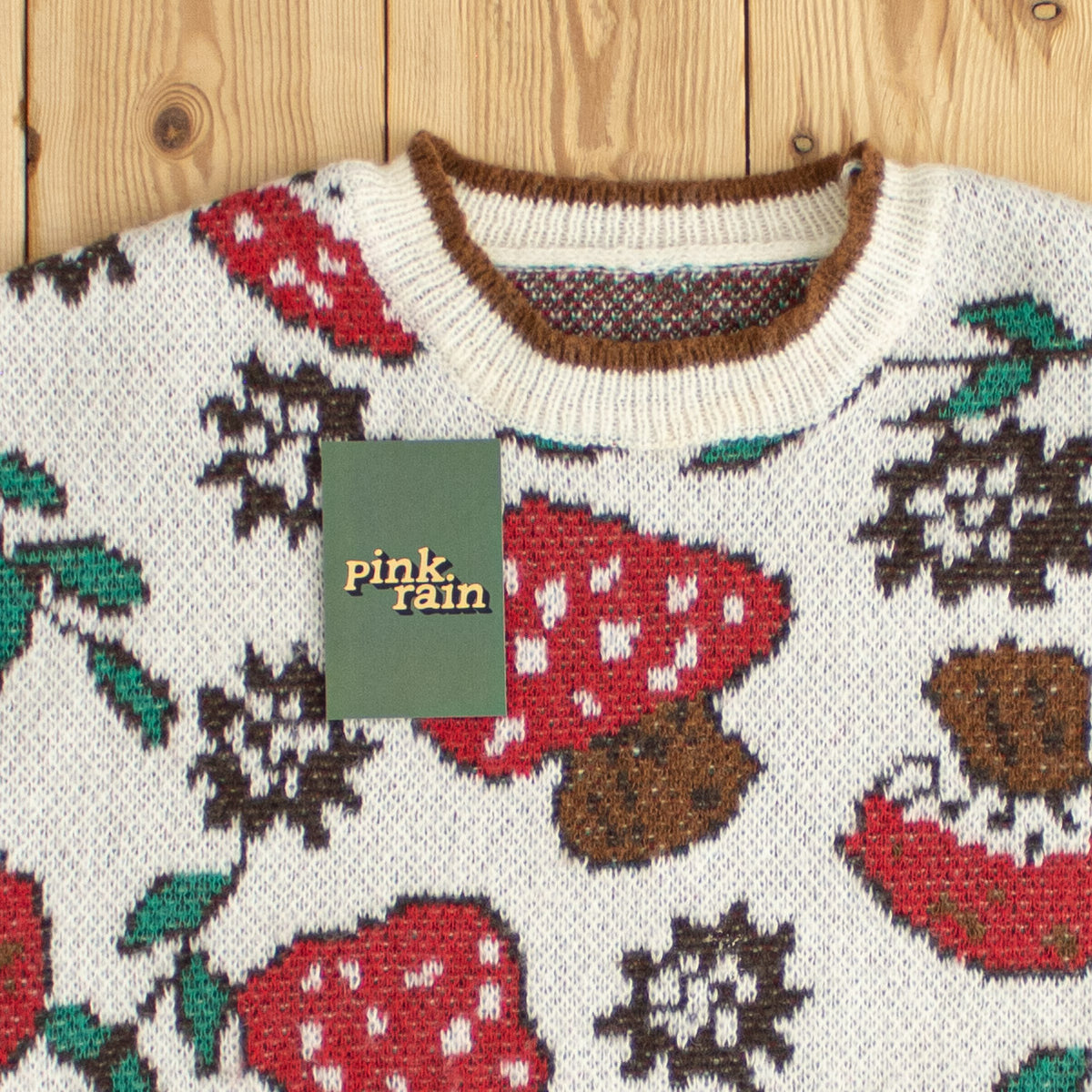 (S) Mushrooms Patterned Cute Sweater Beige