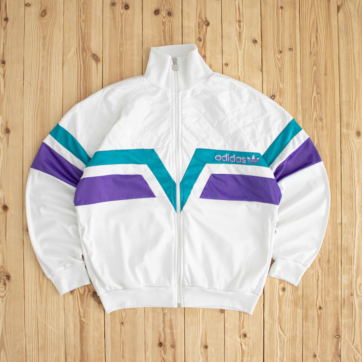 (M/L) Adidas Vintage Embroidered Full-Zip Sweatshirt White