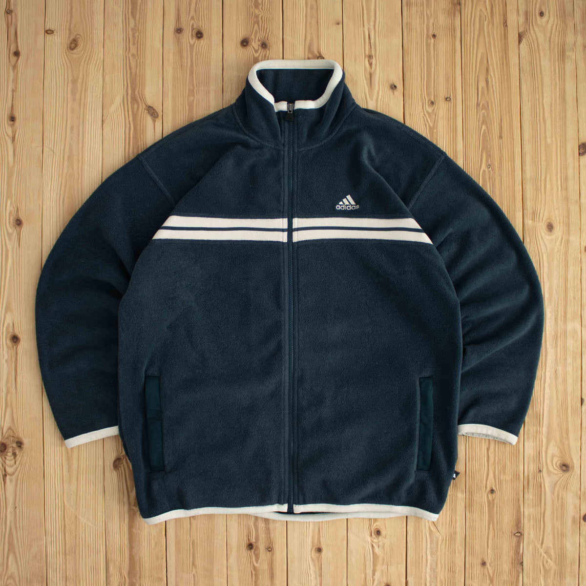 (L) Adidas Vintage Essential Embroidered Fleece Full-Zip Sweatshirt Blue