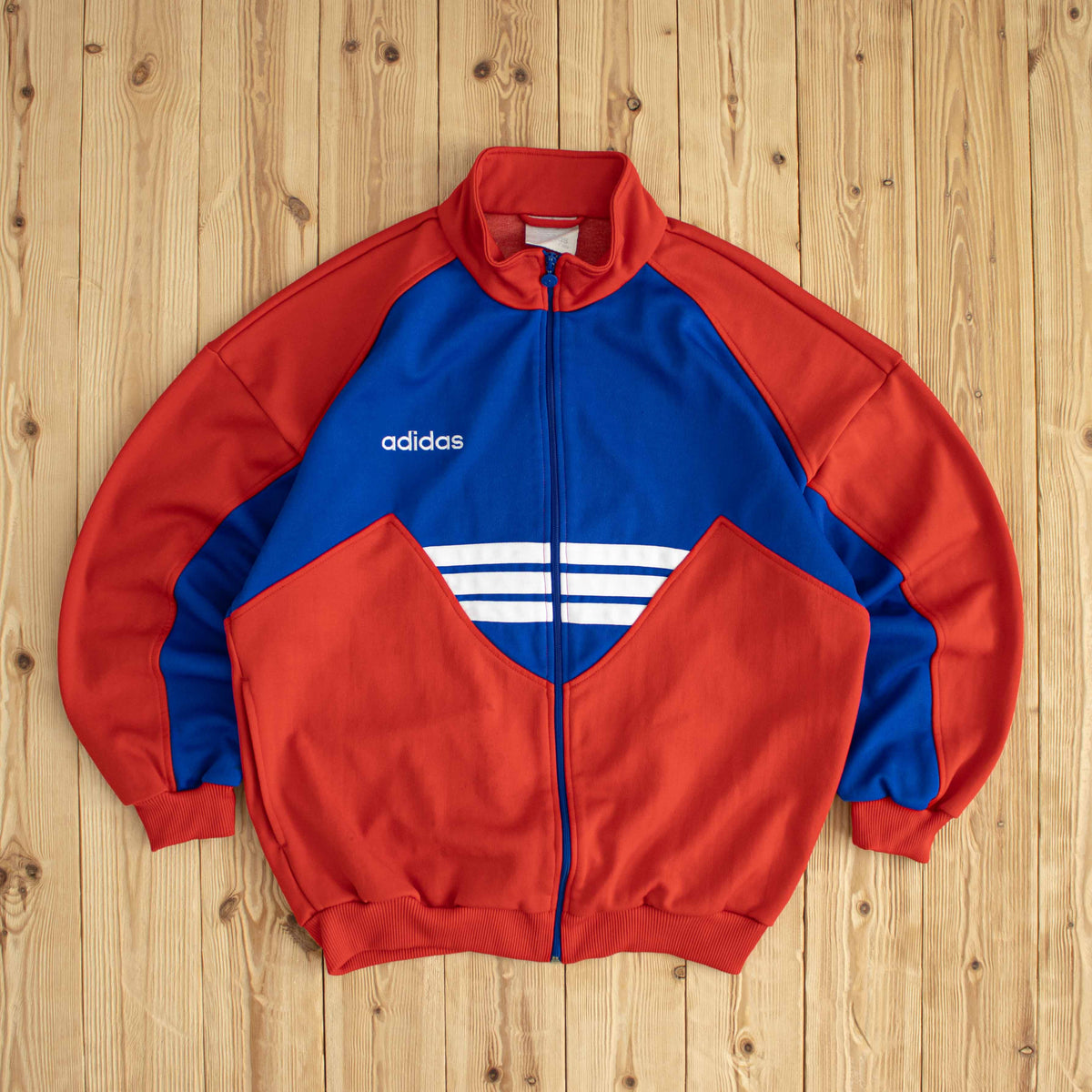(L) Adidas Vintage Striped Embroidered Full-Zip Sweatshirt Red Blue