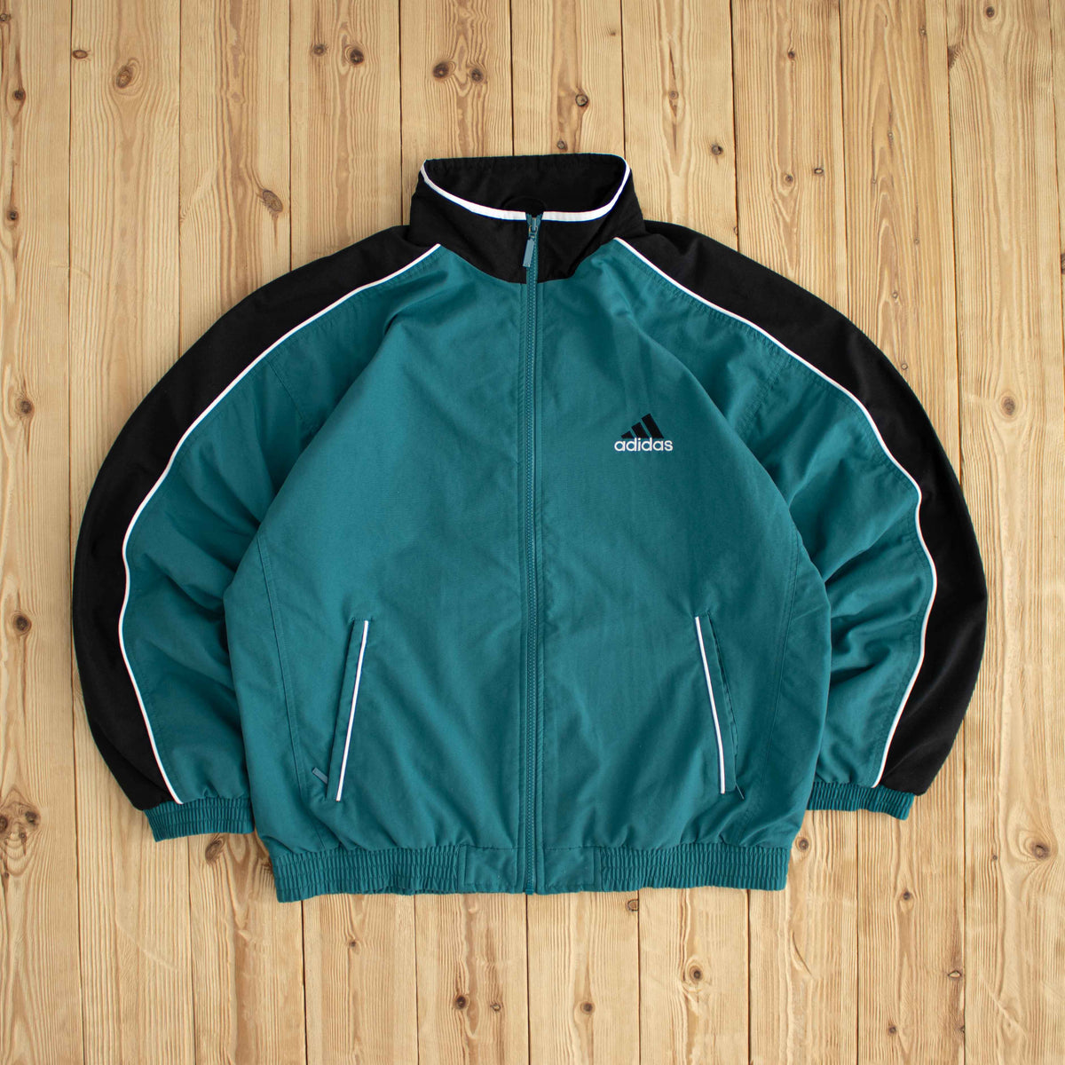 (M/L) Adidas Back Logo Vintage Embroidered Jacket Green/Blue