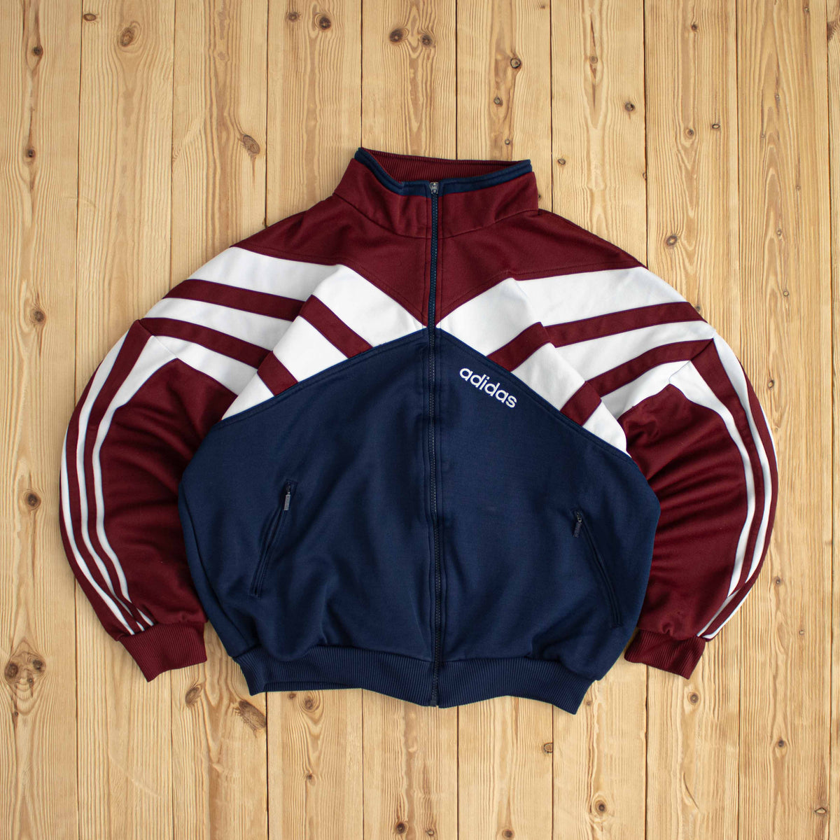 (M) Adidas Side Striped Vintage Embroidered Full-Zip Sweatshirt Burgundy