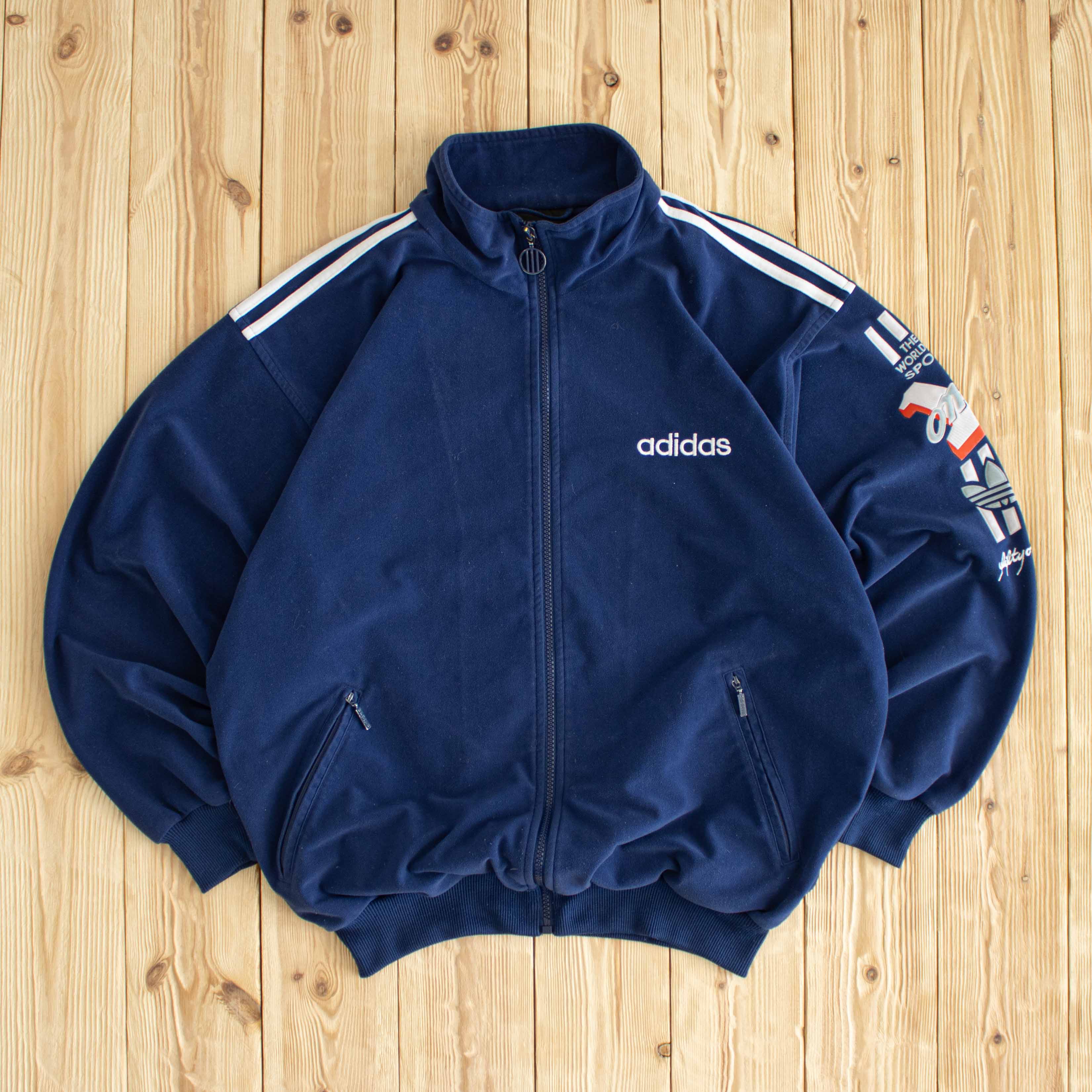 (M) Adidas Vintage Embroidered 'The World of Sport' Full-Zip Sweatshirt Blue
