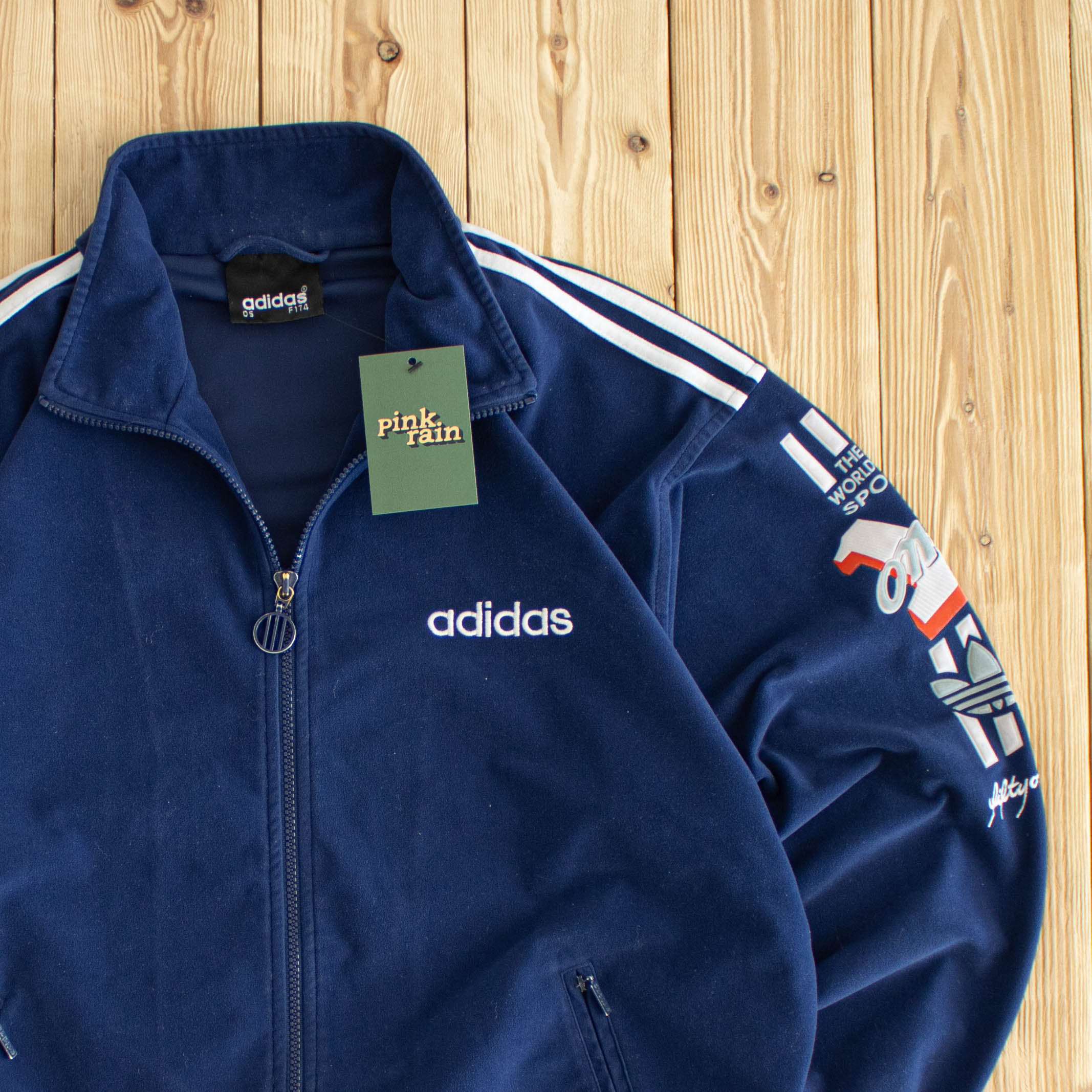 (M) Adidas Vintage Embroidered 'The World of Sport' Full-Zip Sweatshirt Blue