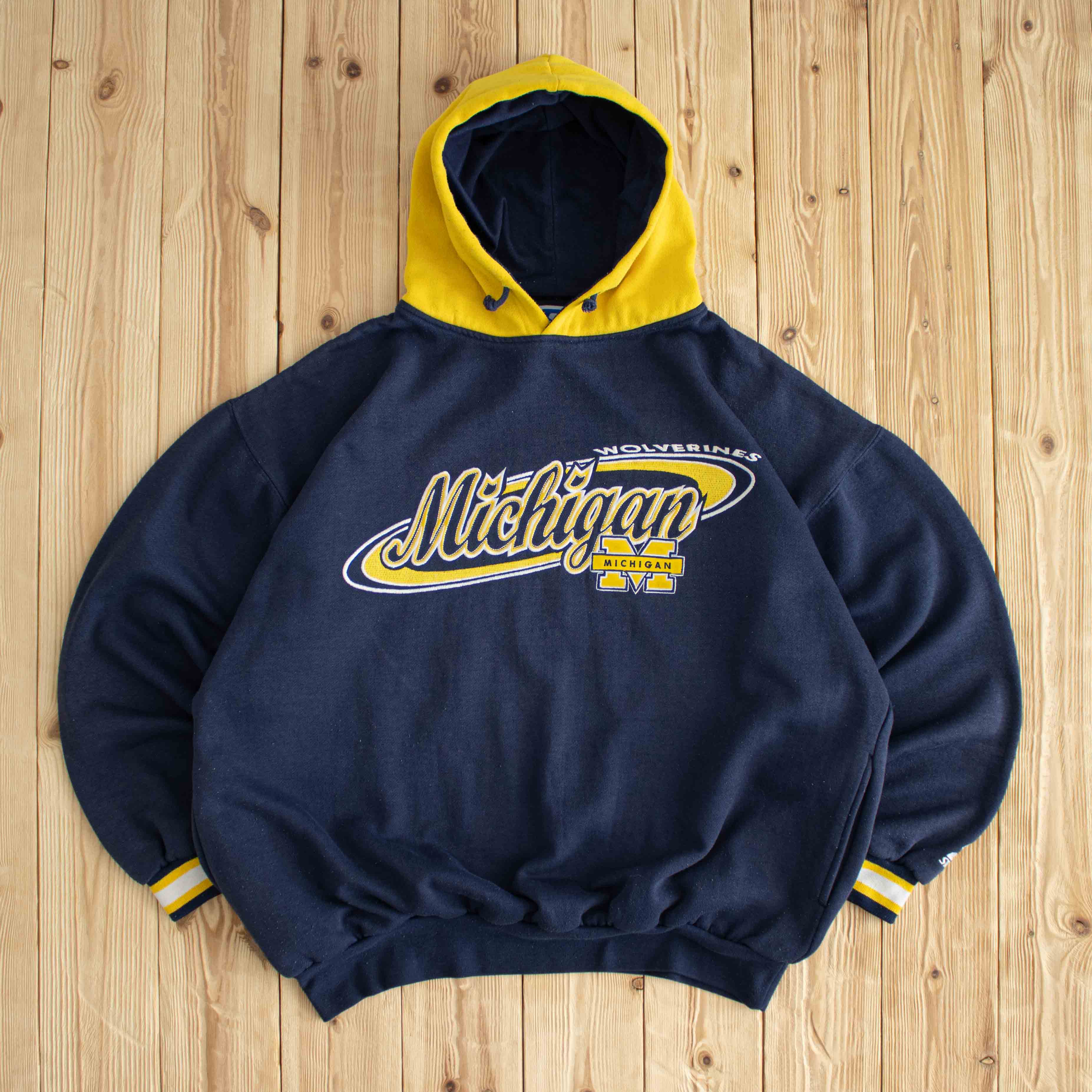 (L) Starter Vintage Michigan Wolverines Embroidered Hoodie Blue