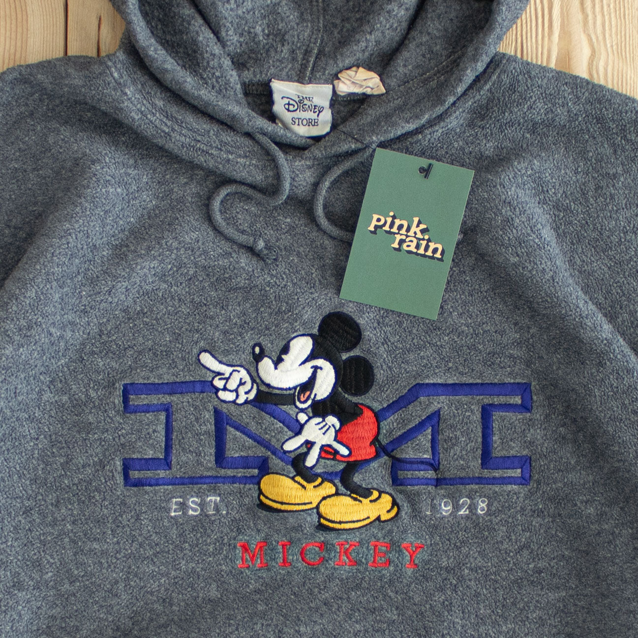 (M) Disney Vintage Mickey Mouse Embroidered Fleece Hoodie Gray