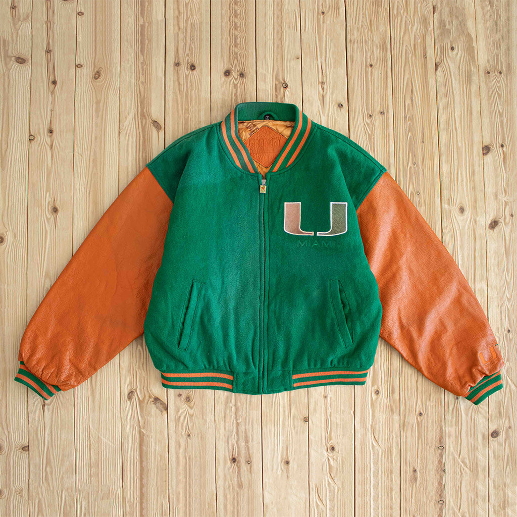 (M/L) Miami Hurricanes Vintage Embroidered Varsity Leather Jacket Green