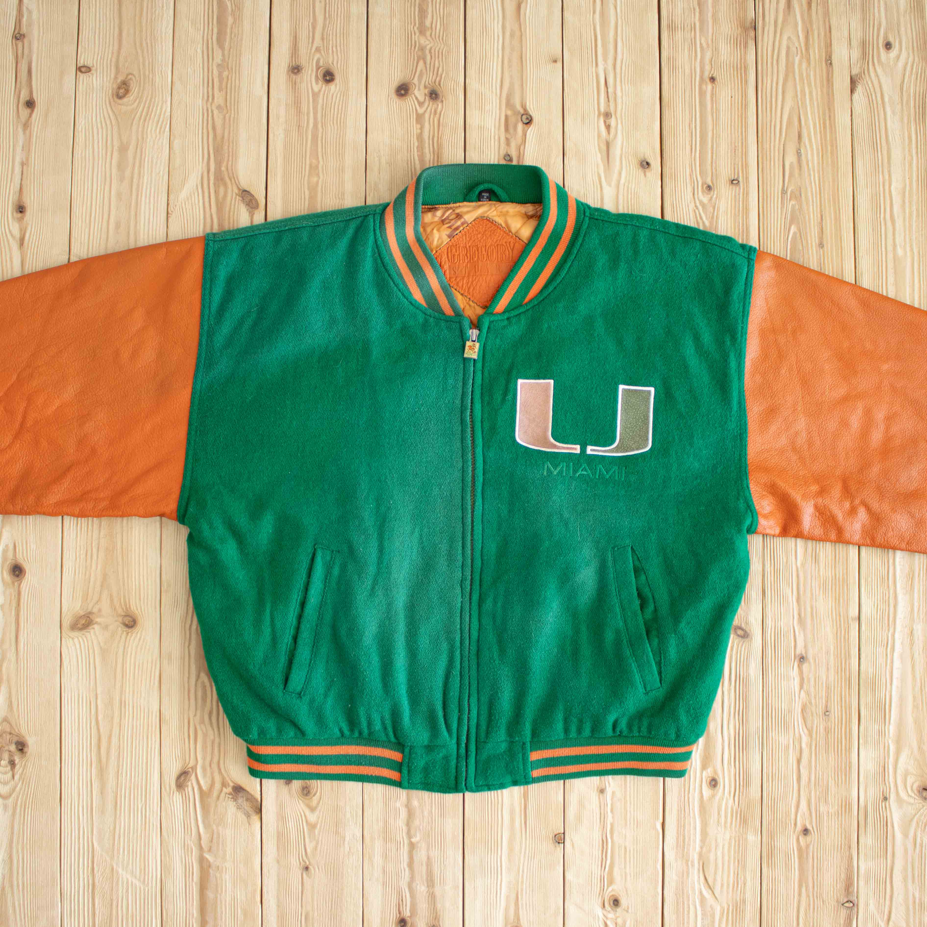 (M/L) Miami Hurricanes Vintage Embroidered Varsity Leather Jacket Green
