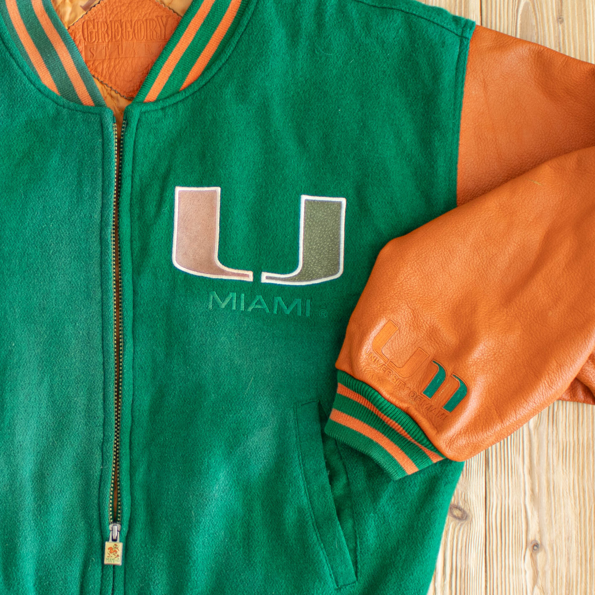 (M/L) Miami Hurricanes Vintage Embroidered Varsity Leather Jacket Green