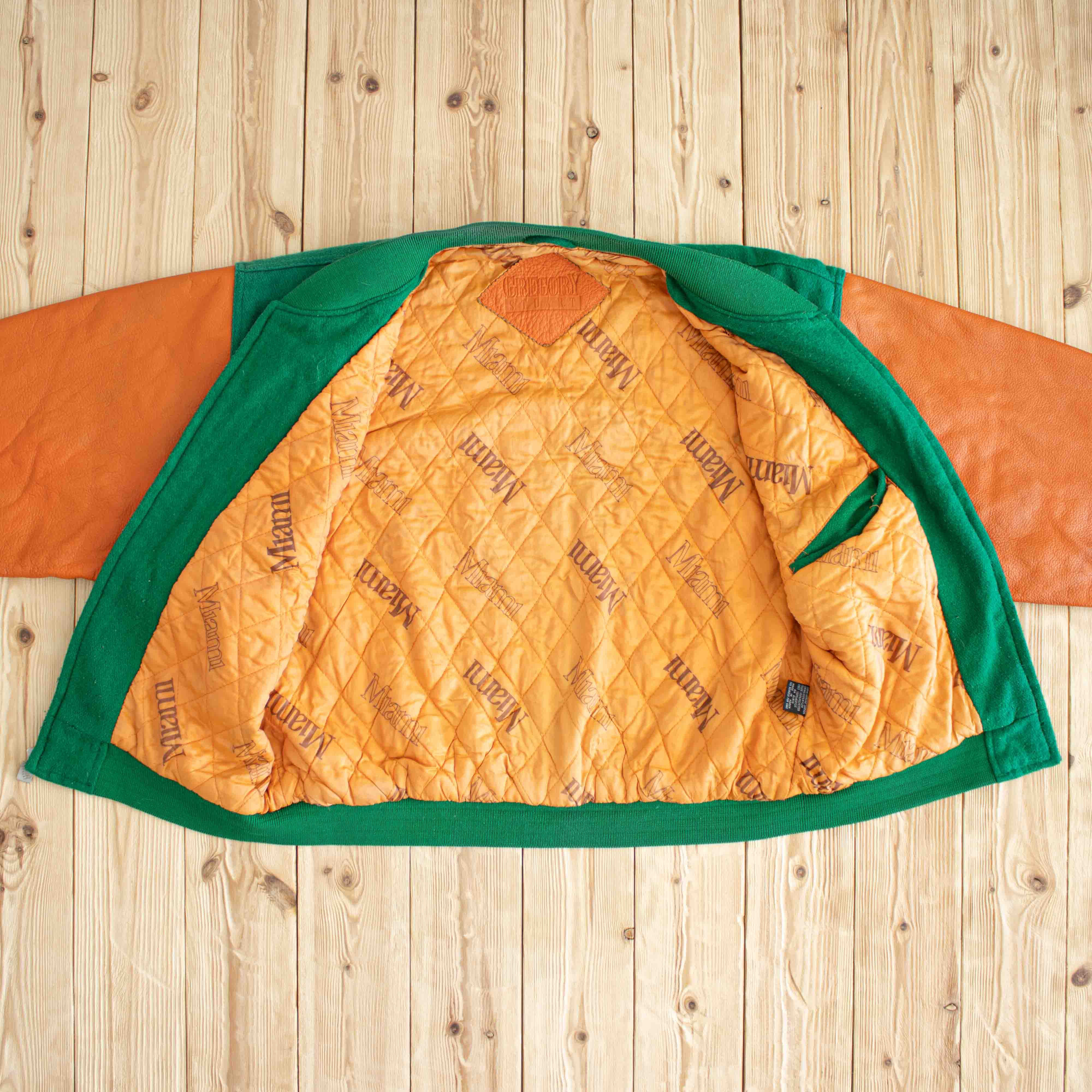 (M/L) Miami Hurricanes Vintage Embroidered Varsity Leather Jacket Green