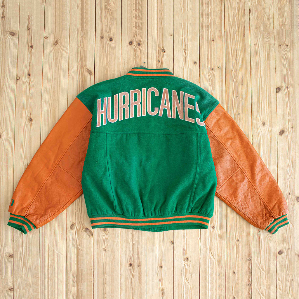 (M/L) Miami Hurricanes Vintage Embroidered Varsity Leather Jacket Green
