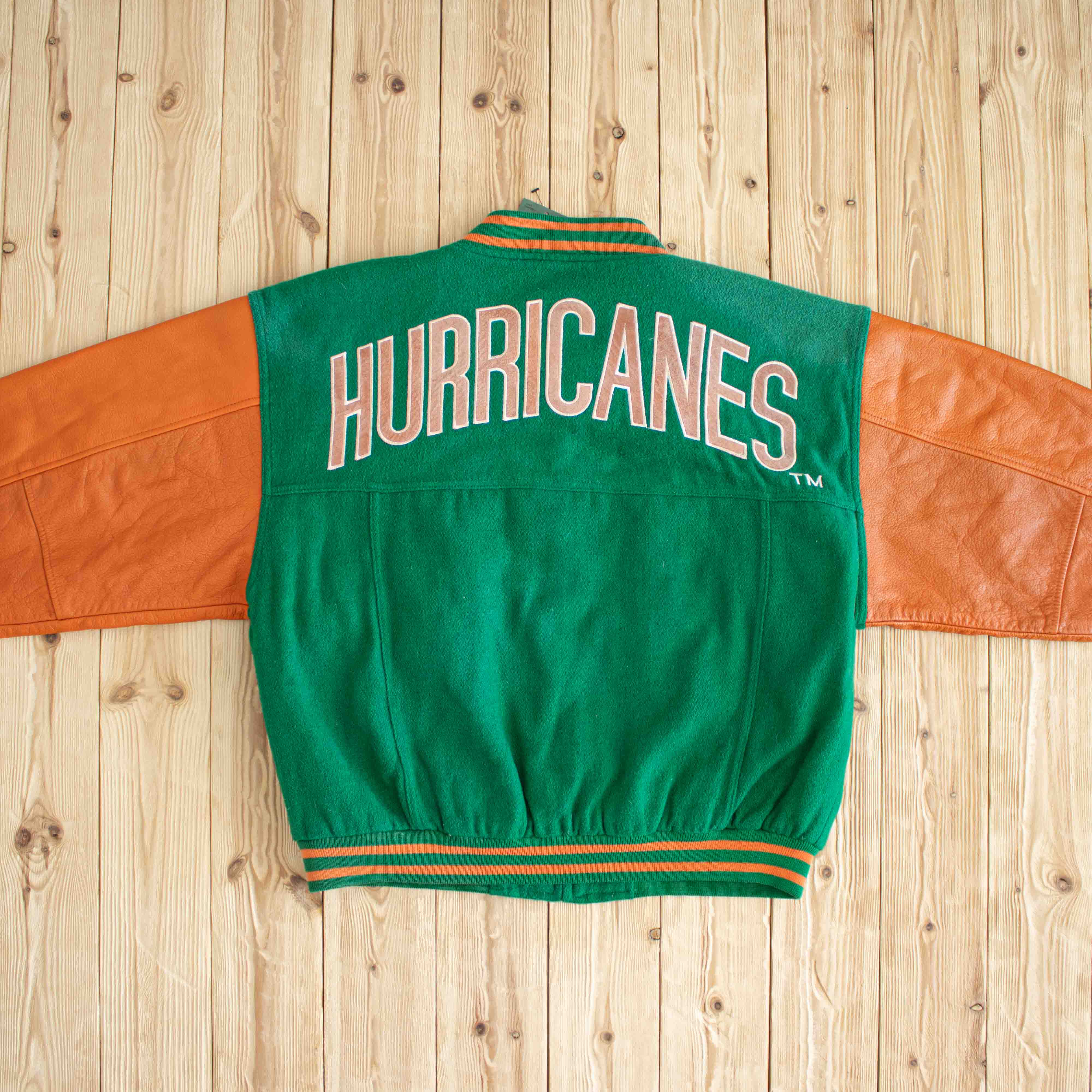(M/L) Miami Hurricanes Vintage Embroidered Varsity Leather Jacket Green