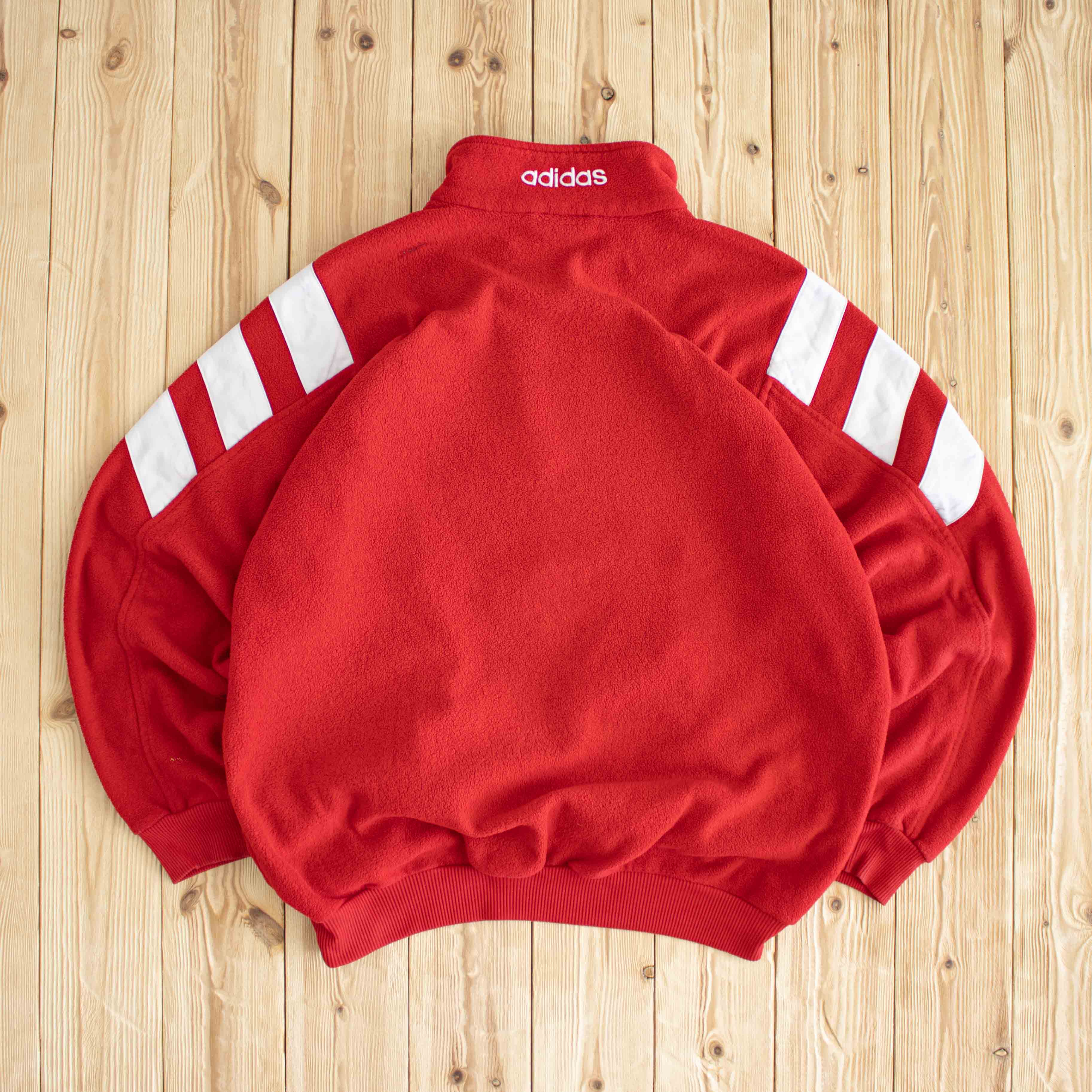 (L/XL) Adidas Vintage Side Stripe Embroidered Full-Zip Fleece Quarter-Zip Red