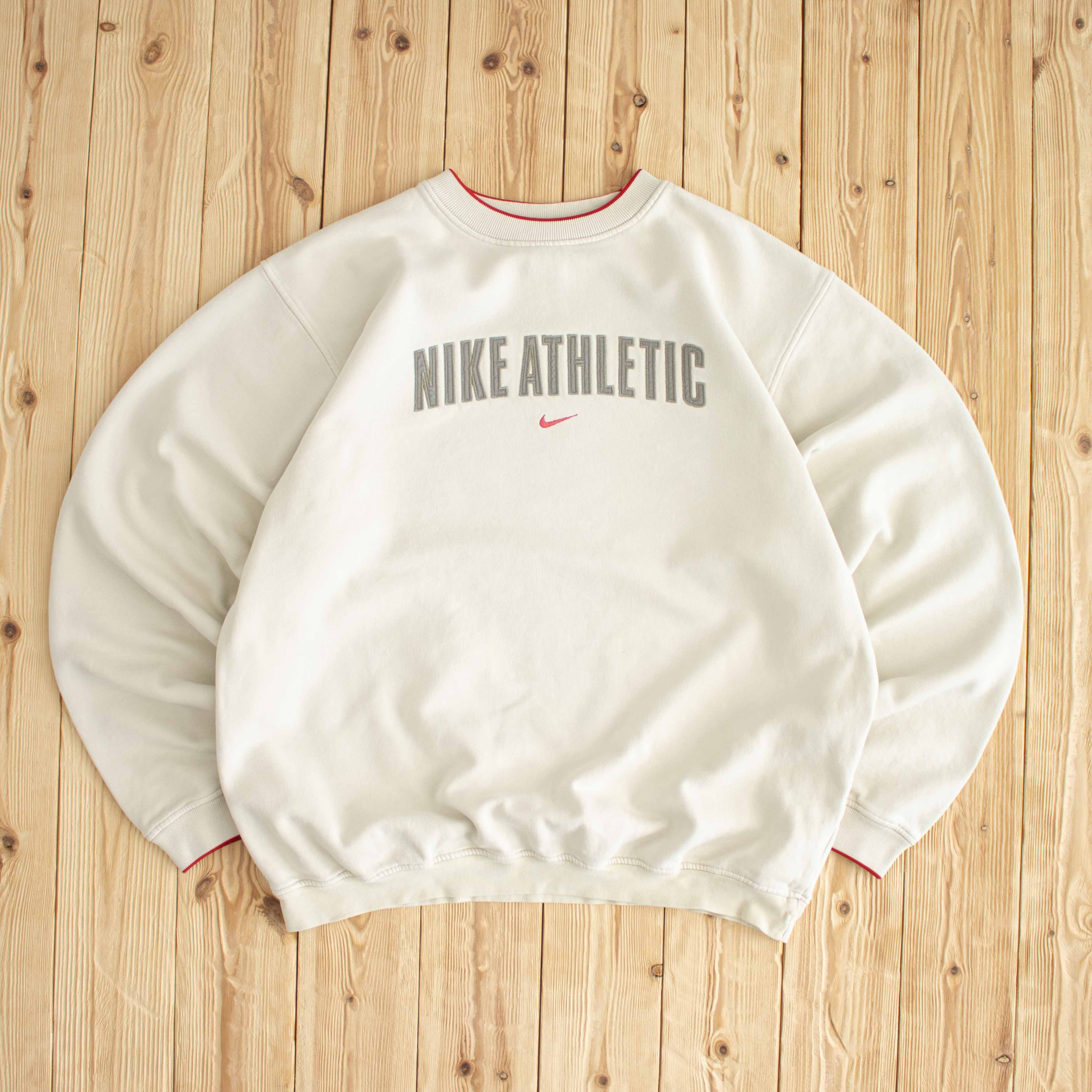 (L/XL) Nike Vintage Athletic Embroidered Sweatshirt Beige