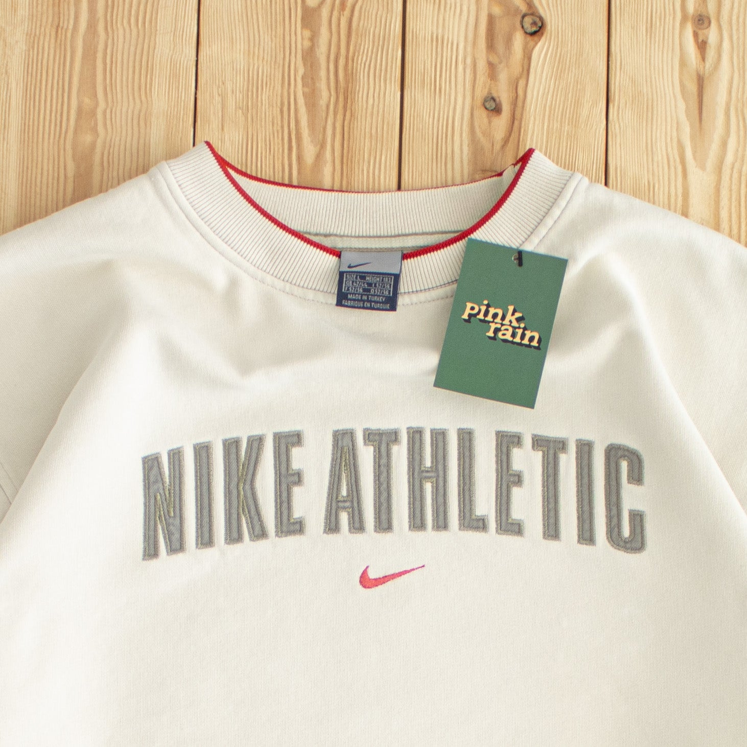 (L/XL) Nike Vintage Athletic Embroidered Sweatshirt Beige