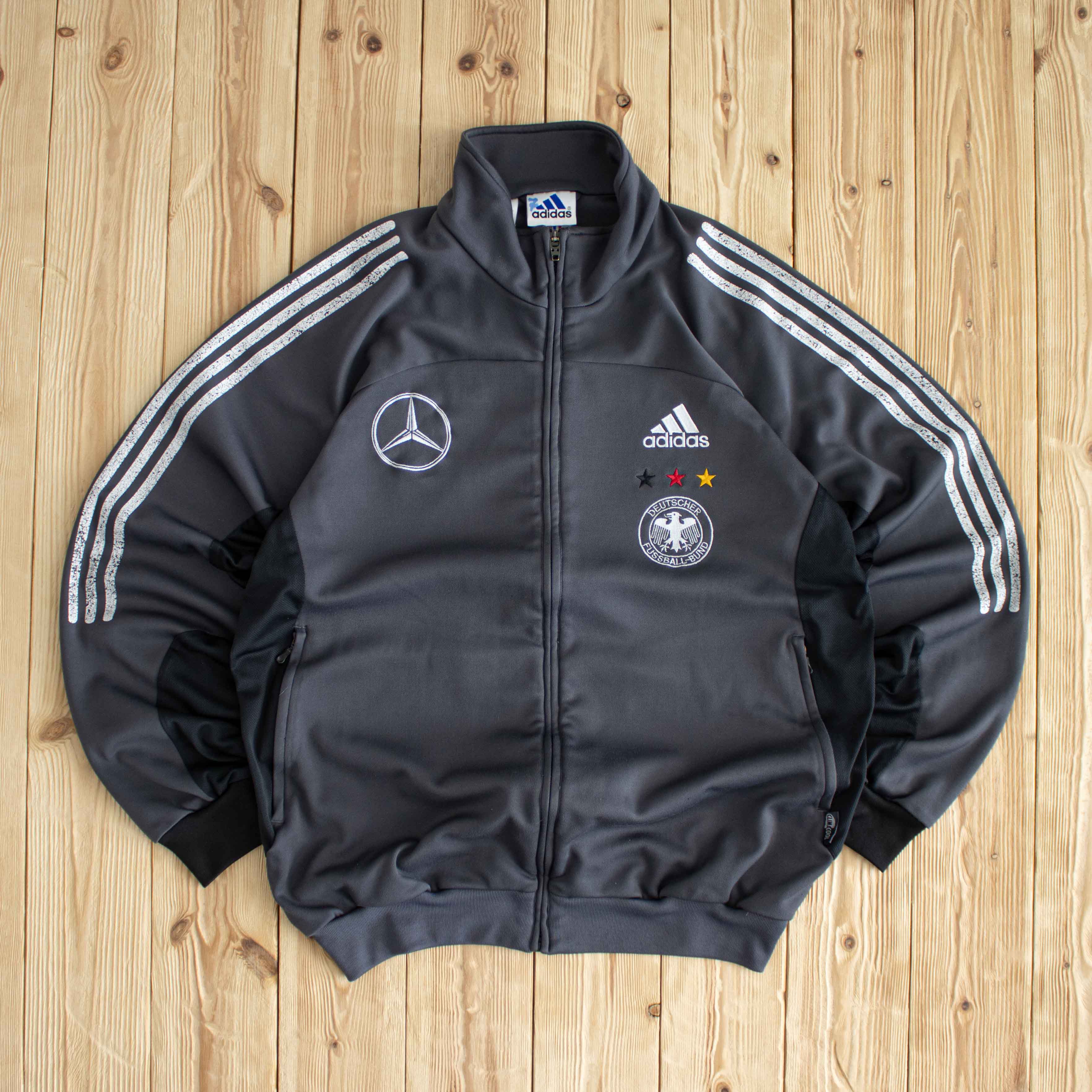 (L) Adidas Vintage DFB x Mercedes Benz Embroidered Full-Zip Sweatshirt Gray