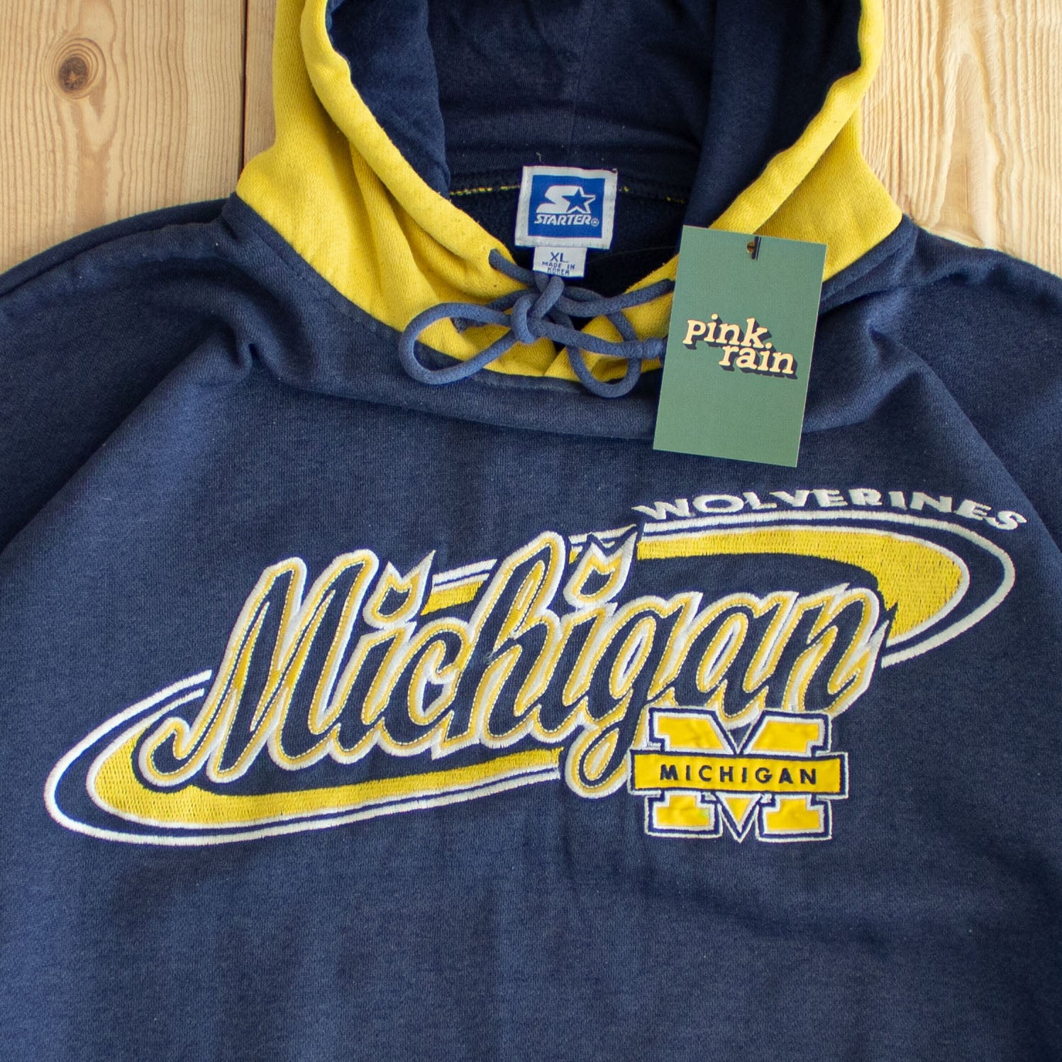 (L/XL) Starter Michigan Wolverines Vintage Embroidered Hoodie Blue