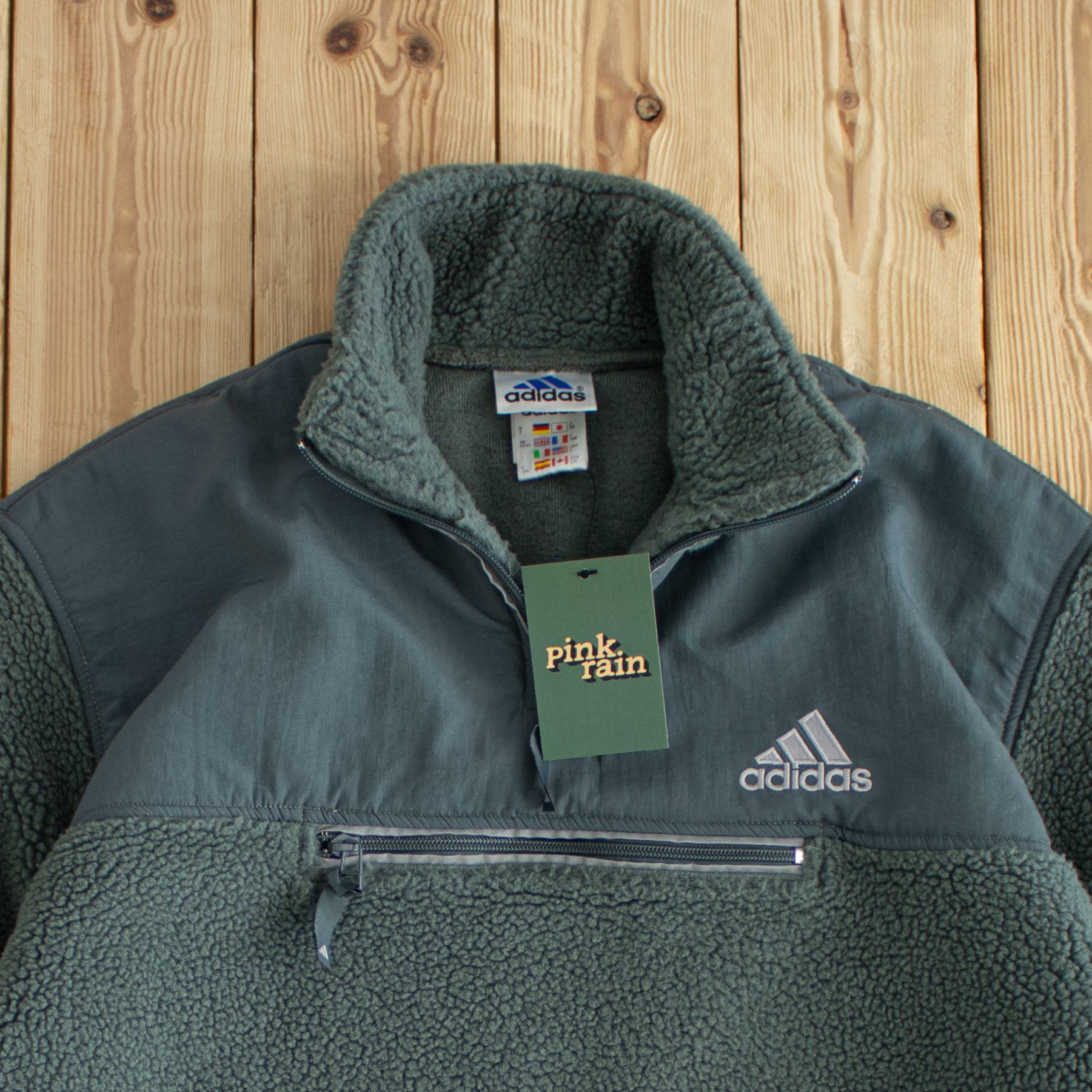 (L) Adidas Vintage Embroidered Kangaroo Fleece Quarter-Zip Green
