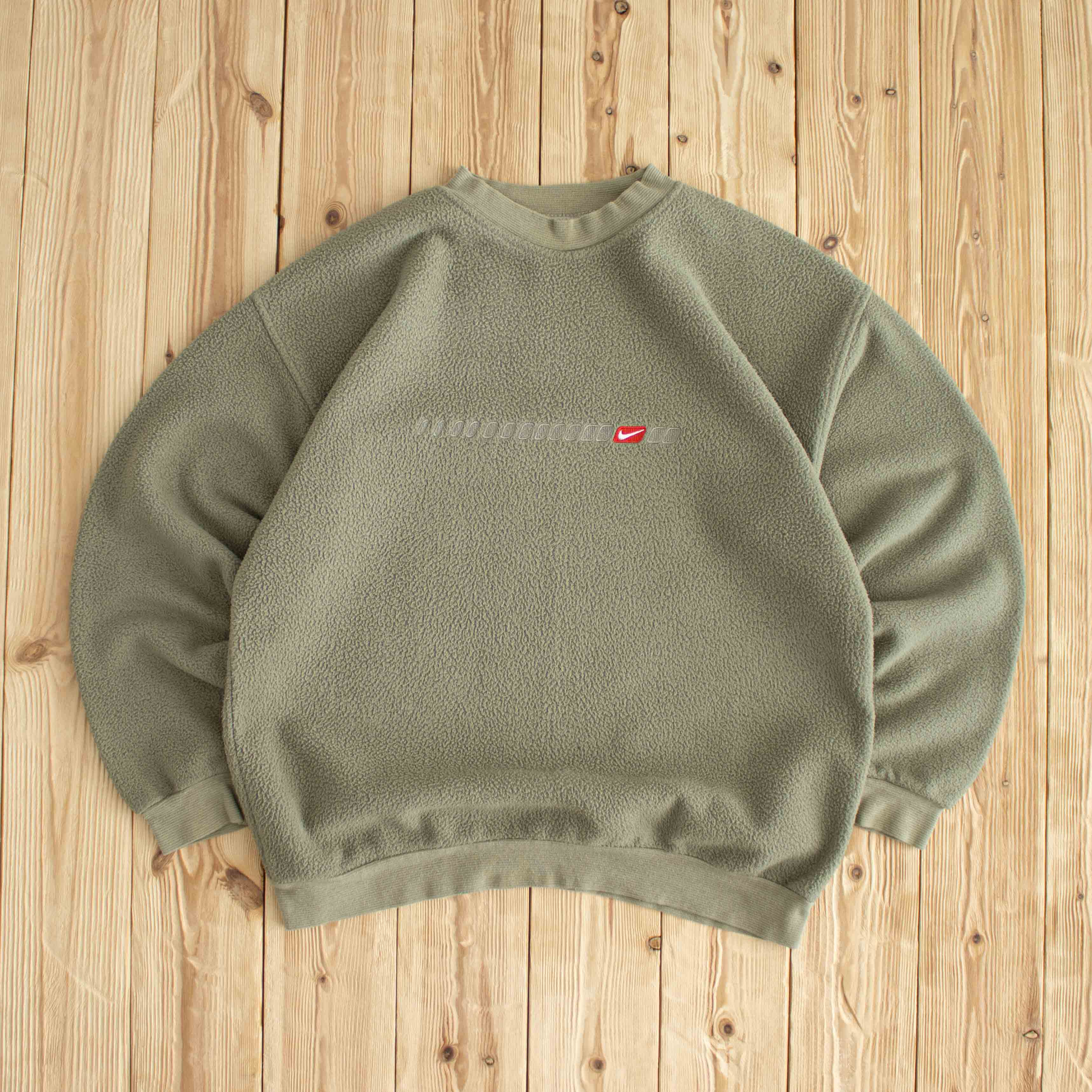 (S/M) Nike Swoosh Vintage Embroidered Fleece Sweatshirt Khaki