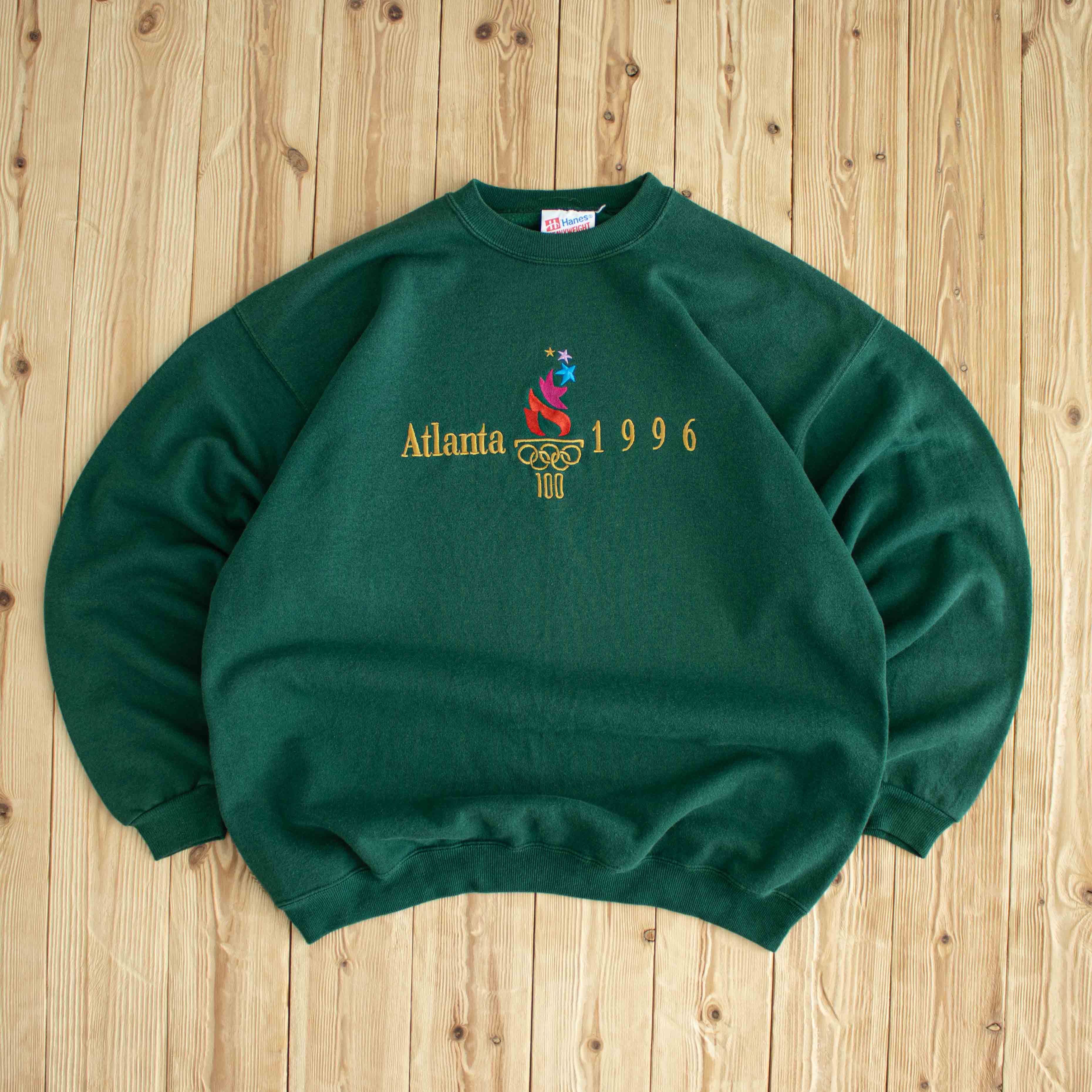(L/XL) Atlanta 1996 Vintage Hanes Embroidered Sweatshirt Green