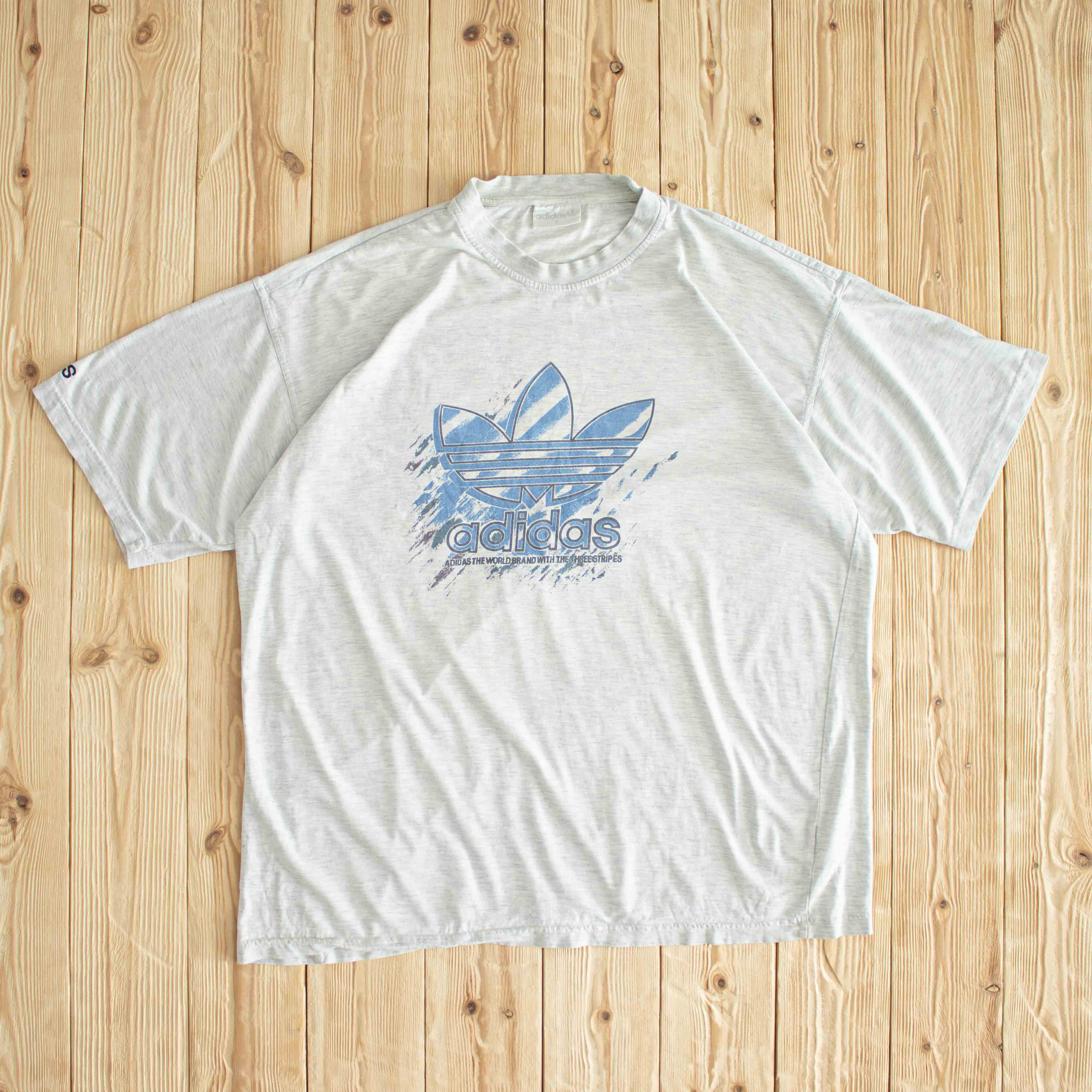 (L) Adidas 'The World Brand With The Three Stripes' Vintage T-Shirt  Gray