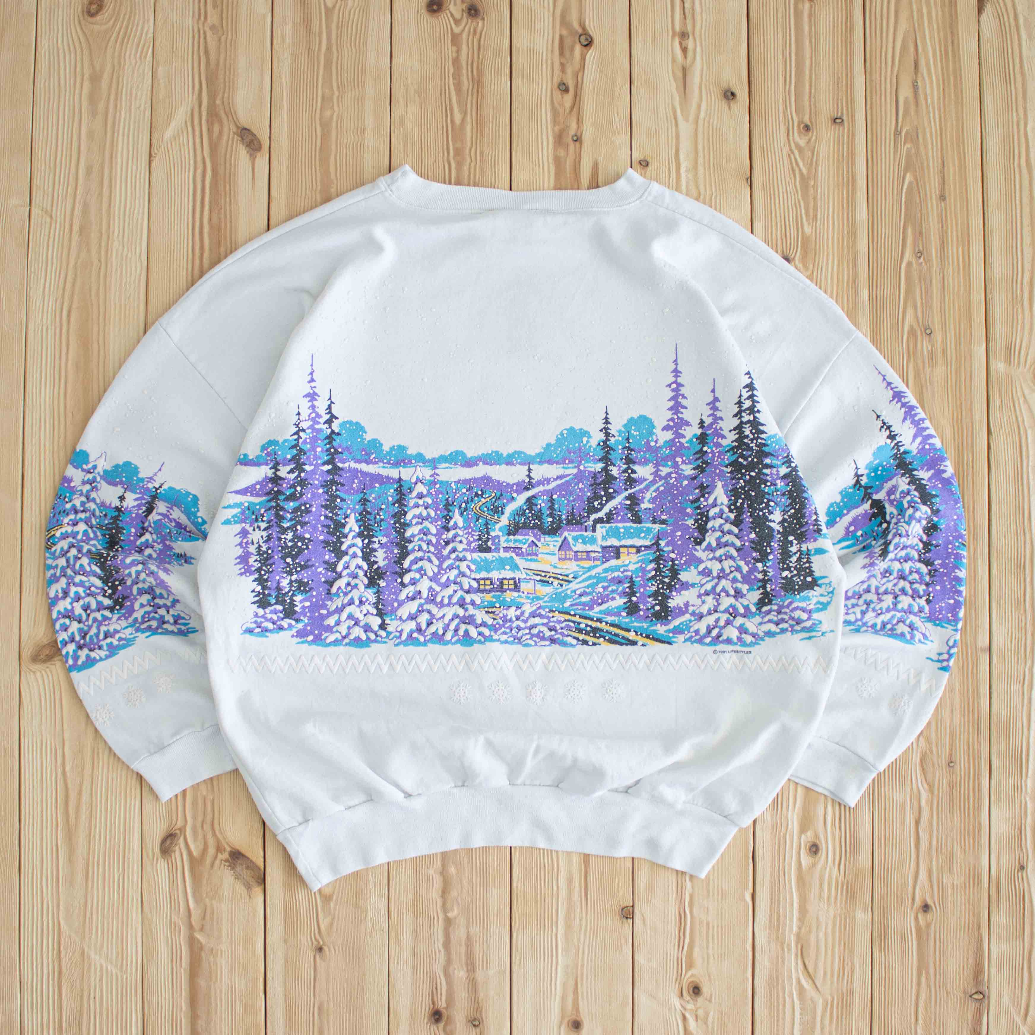 (M) 1991 Winter Scenic Vintage Puff Printed Sweatshirt White