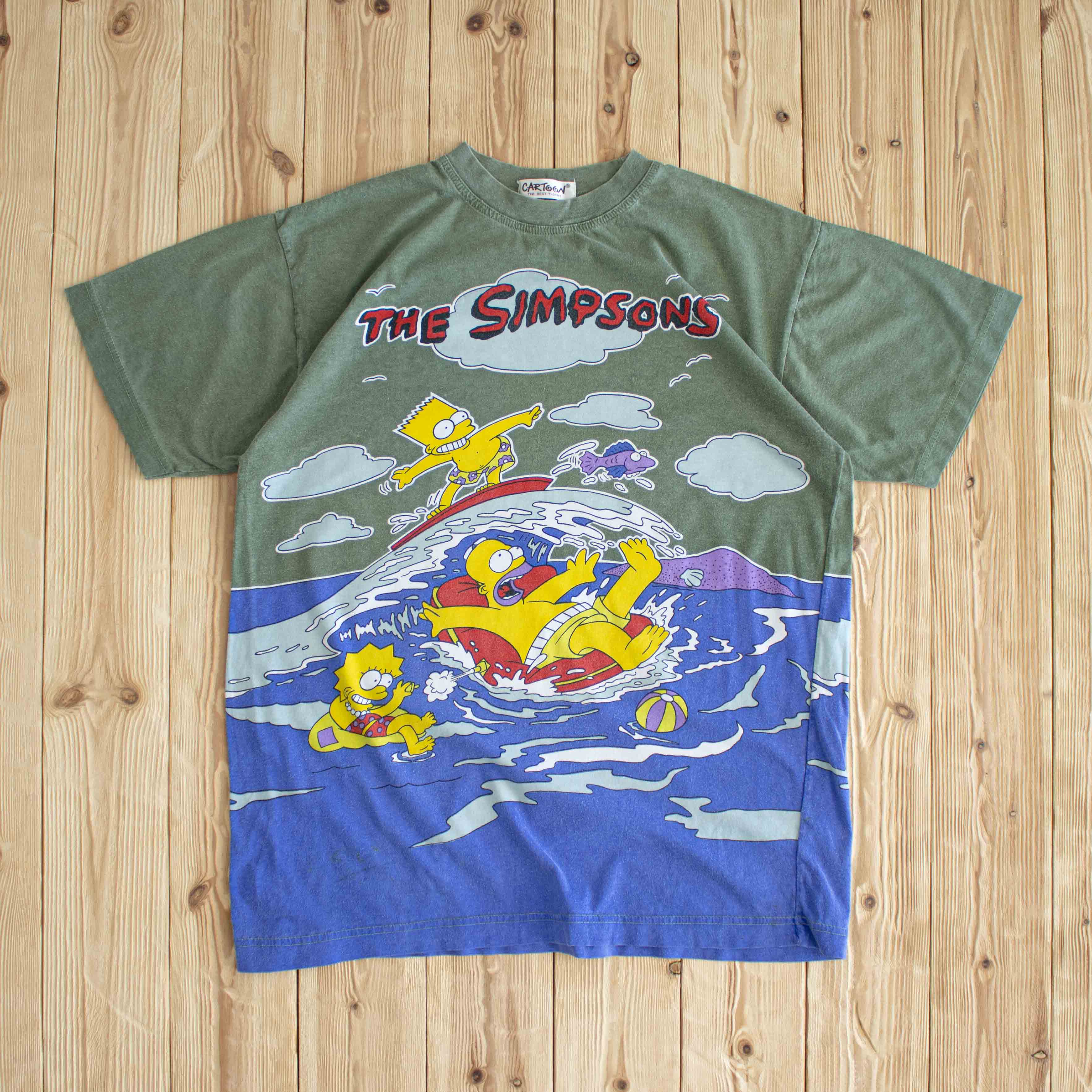 (M/L) The Simpsons Vintage All-Over Printed T-Shirt Green Blue