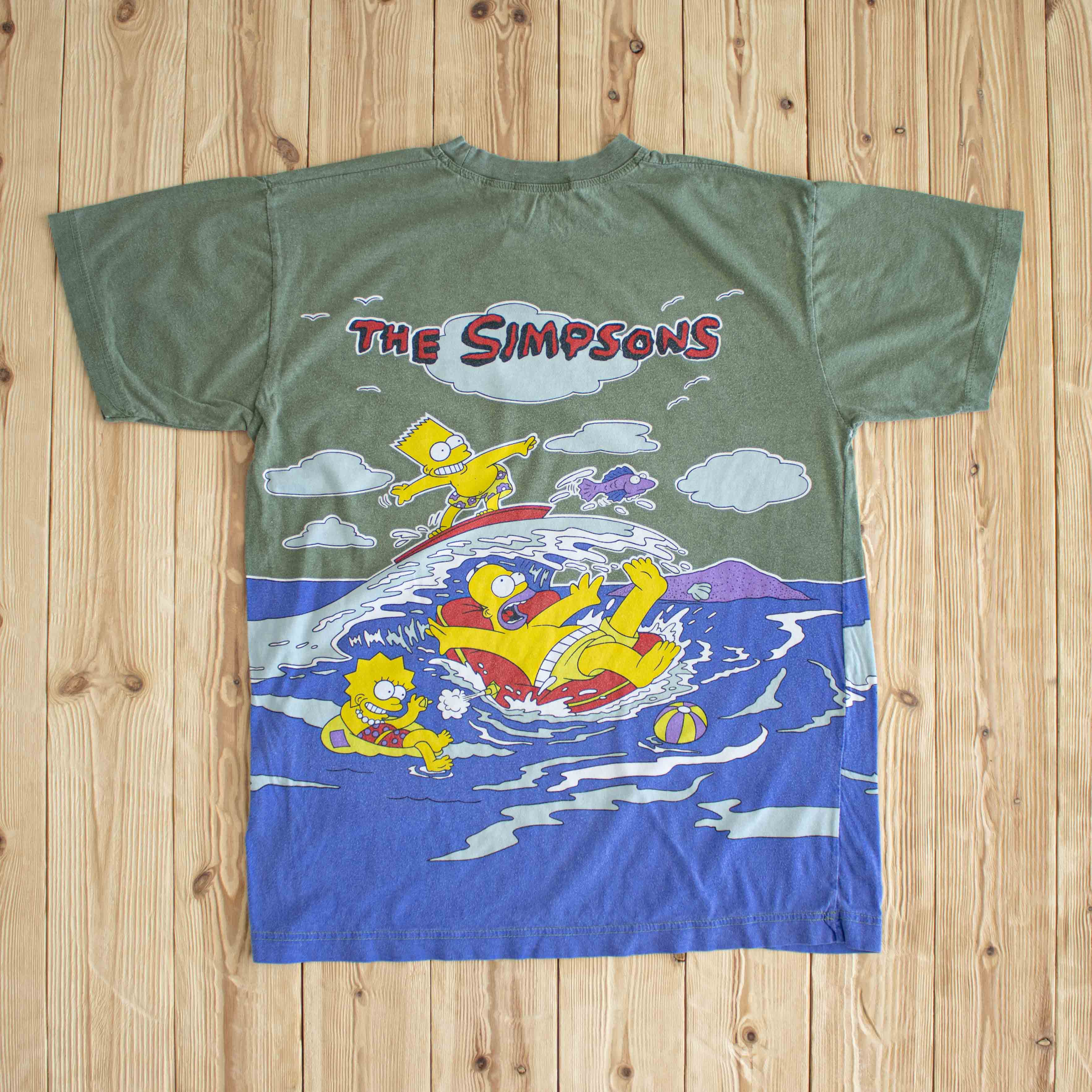 (M/L) The Simpsons Vintage All-Over Printed T-Shirt Green Blue