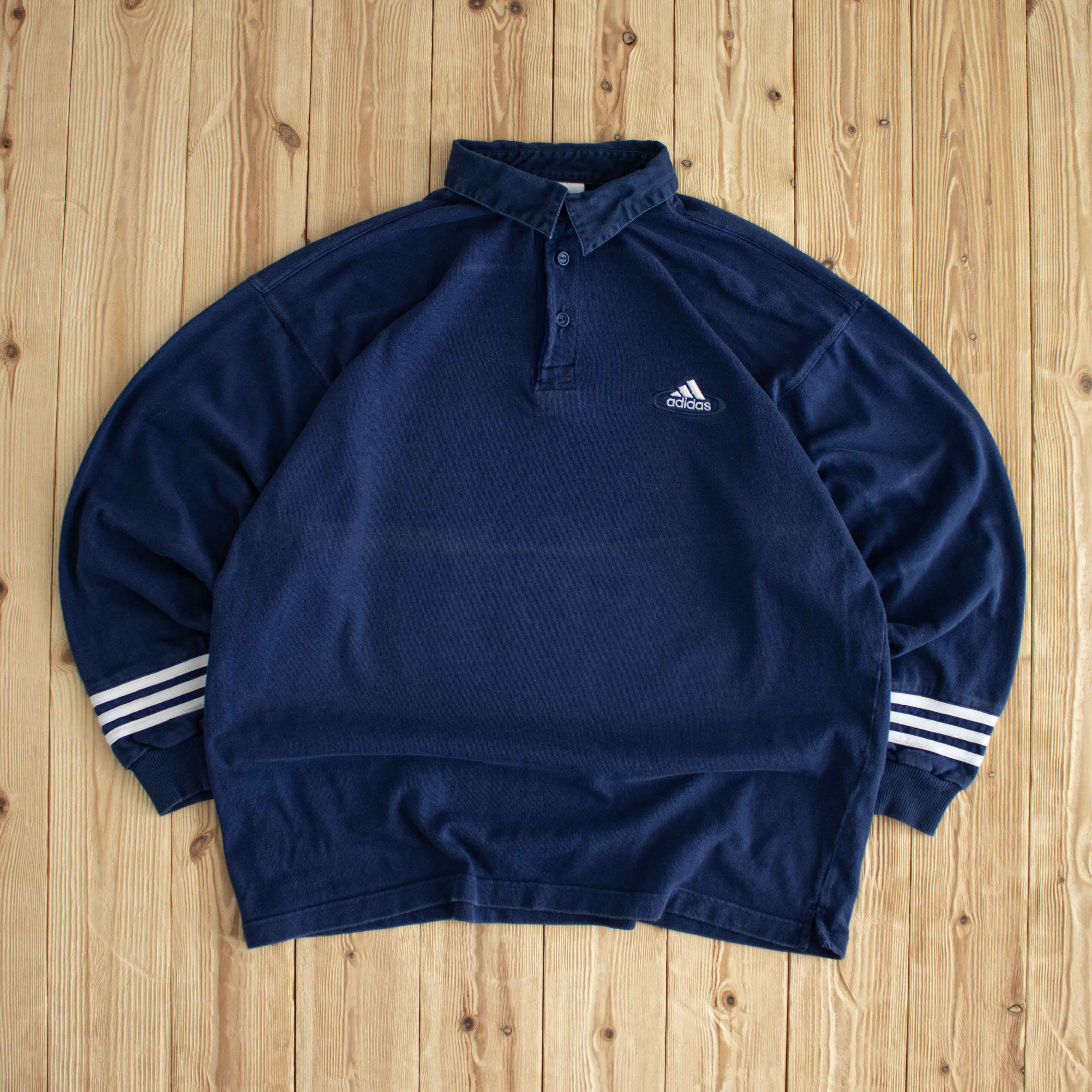 (L) Adidas Vintage Embroidered Polo Button Up Blue