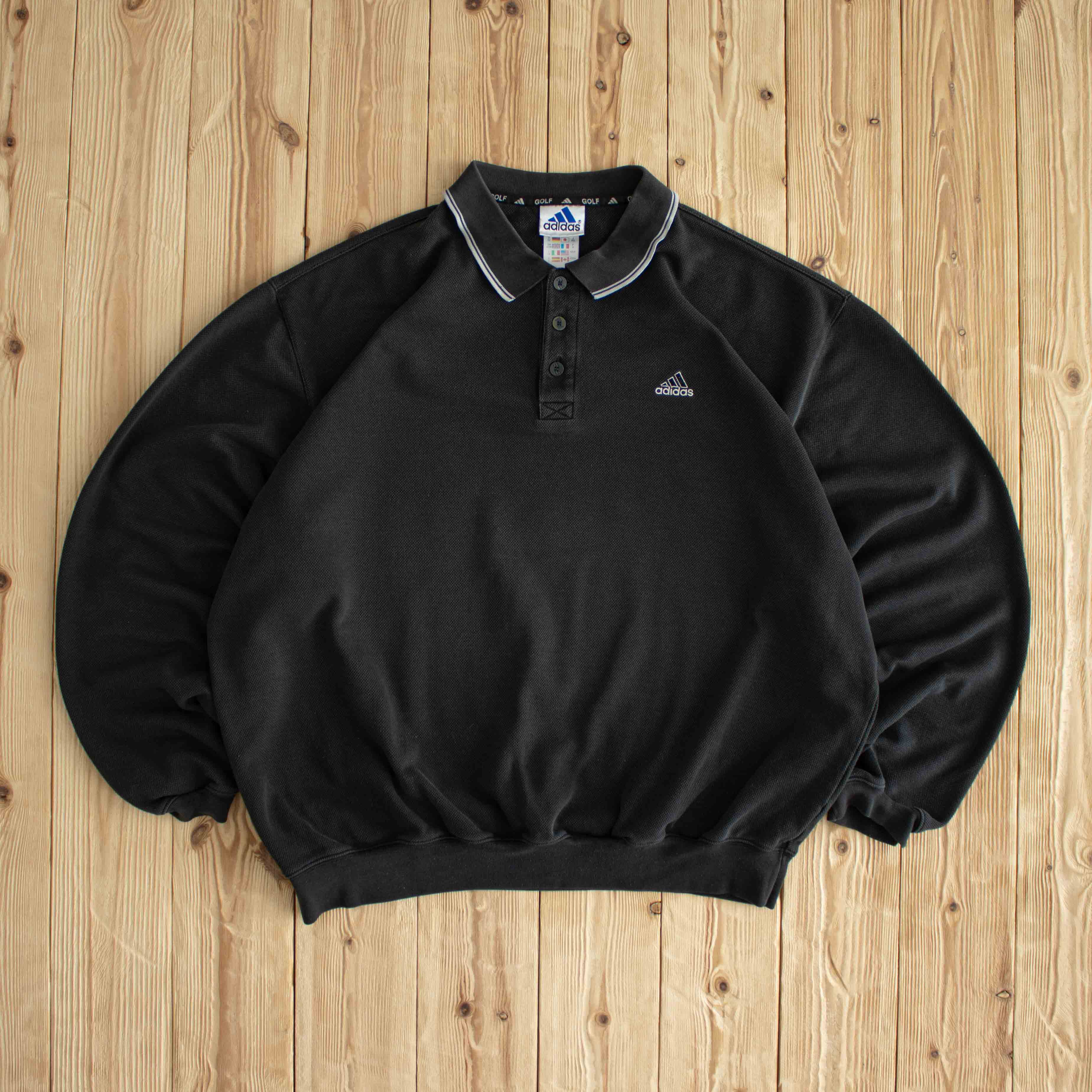 (L) Adidas Vintage Embroidered Button Up Sweatshirt Black
