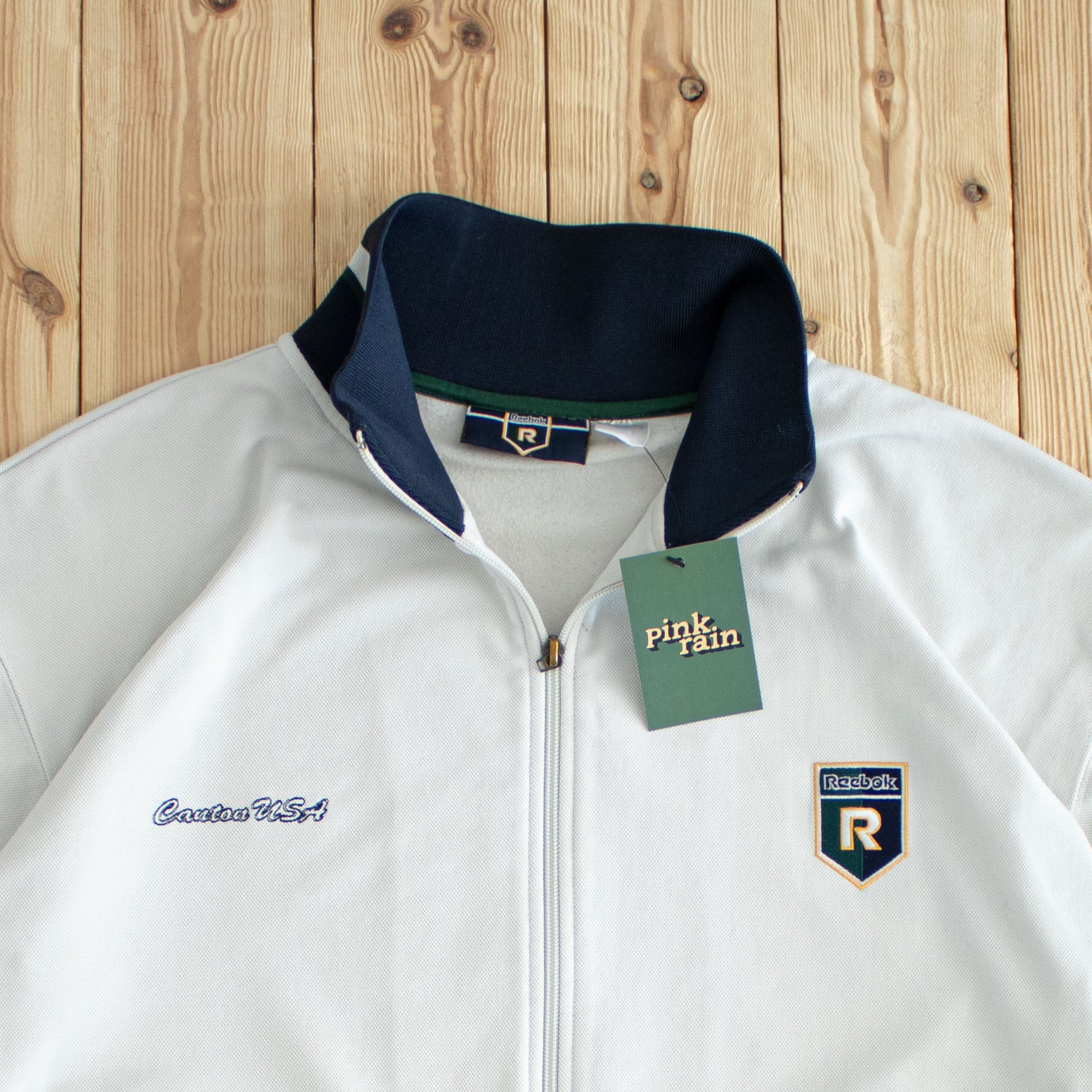 (M) Reebok Canton USA Vintage Embroidered Full-Zip Sweatshirt Beige