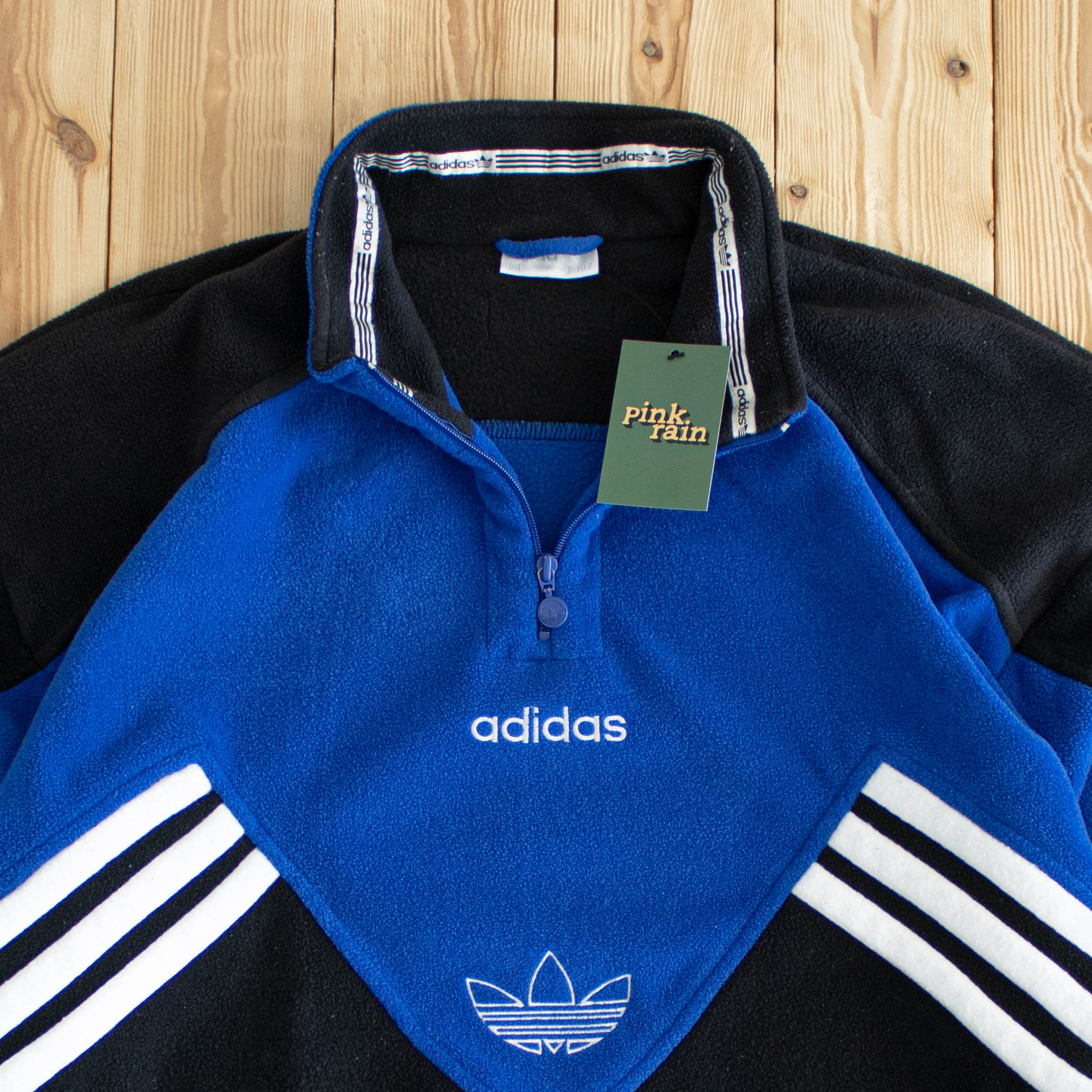 (L/XL) Adidas Vintage Embroidered Fleece Quarter-Zip Blue
