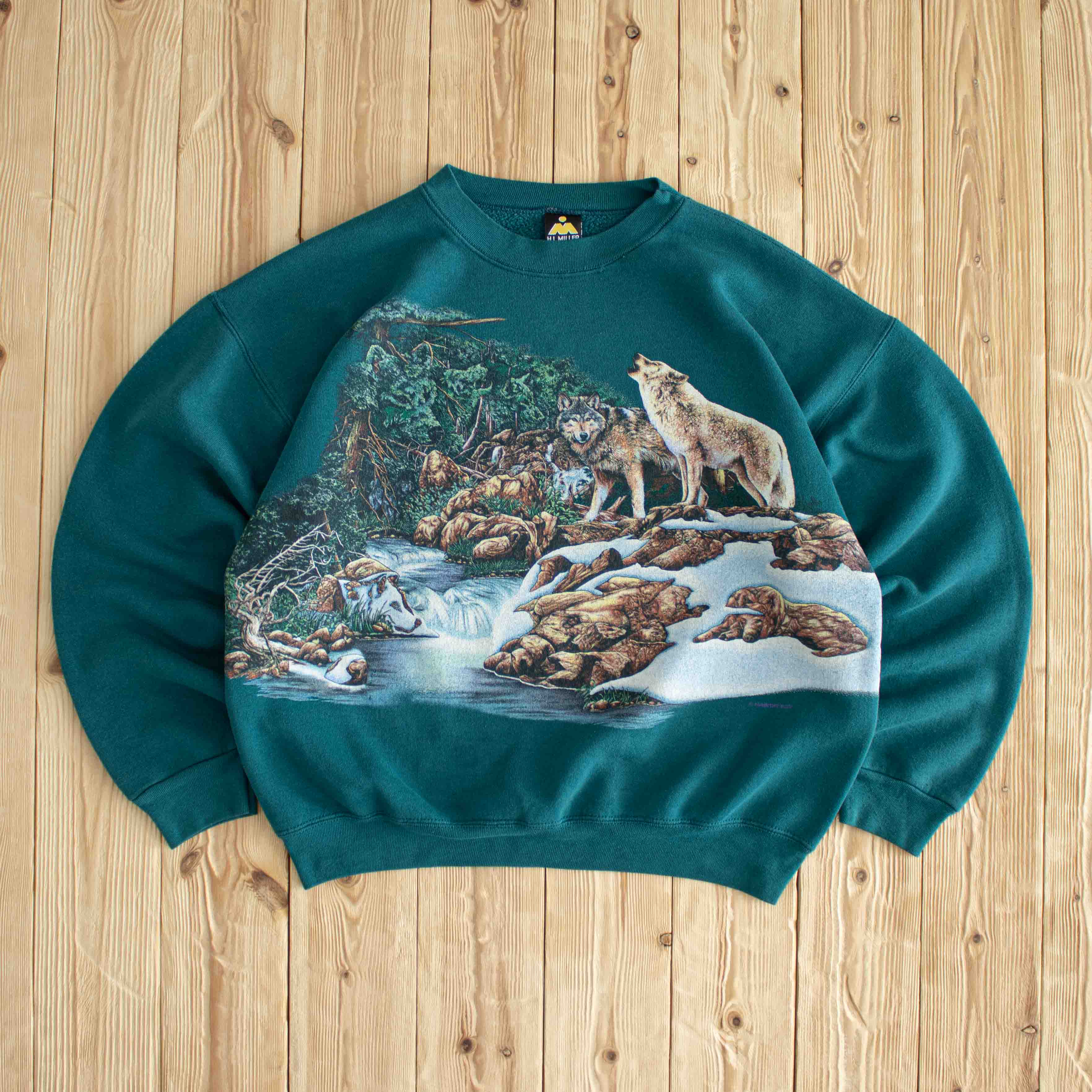 (M) Habitat Wolves Scenery Vintage Sweatshirt Blue/Green