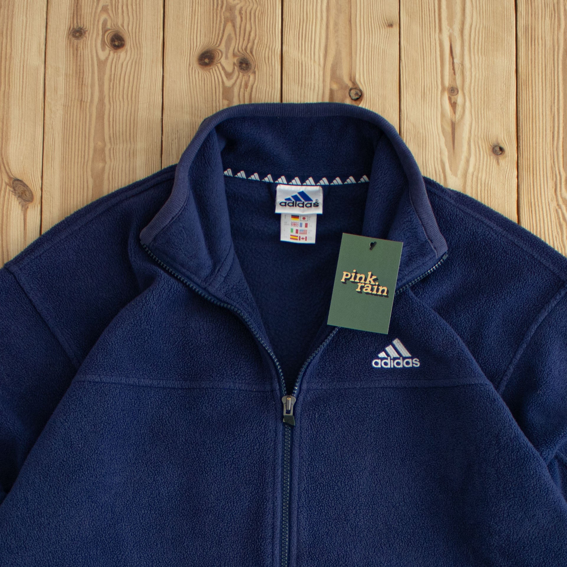 (L) Adidas Vintage Embroidered Full-Zip Fleece Sweatshirt Blue