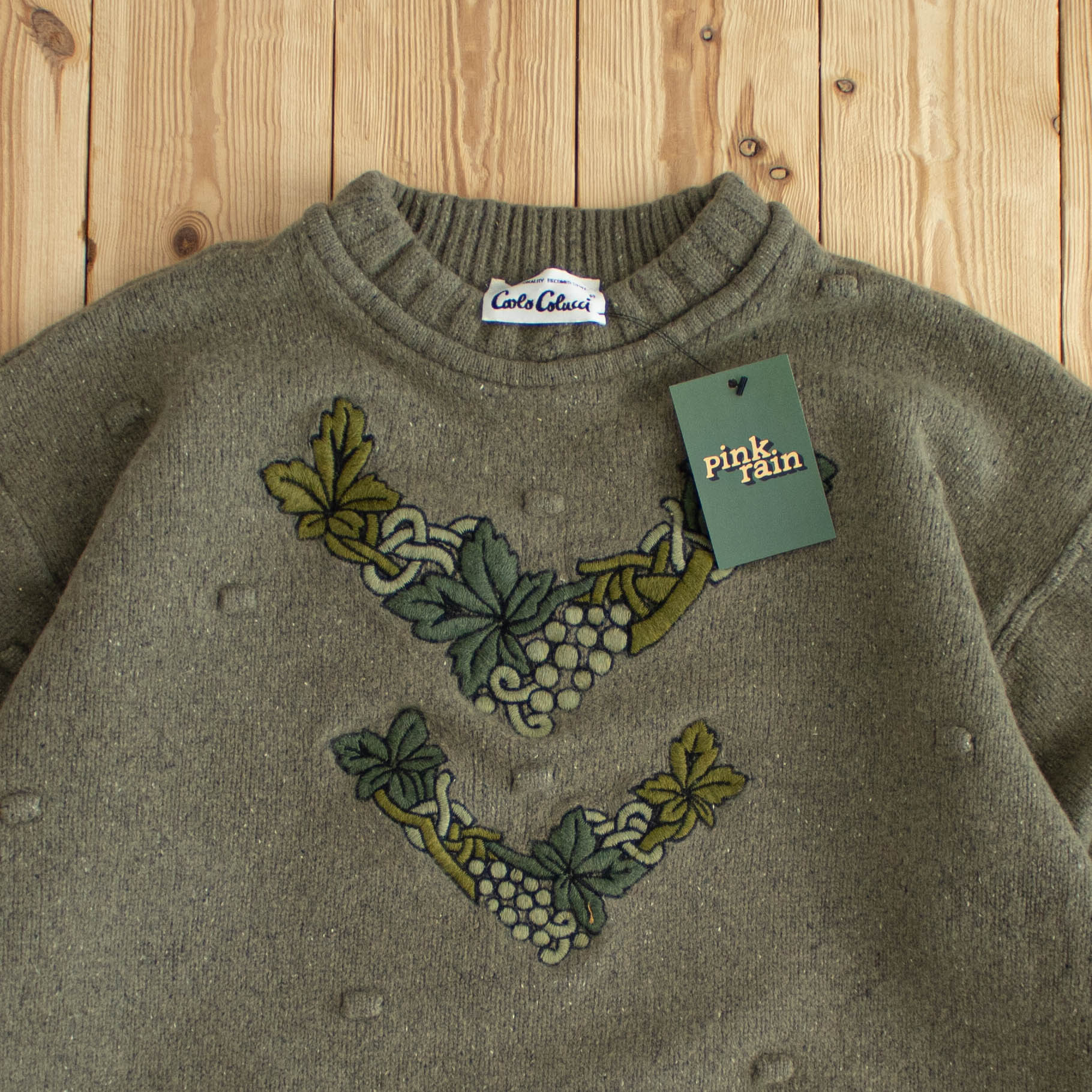 (S) Carlo Colucci Vintage Flowers Embroidered Sweater Khaki