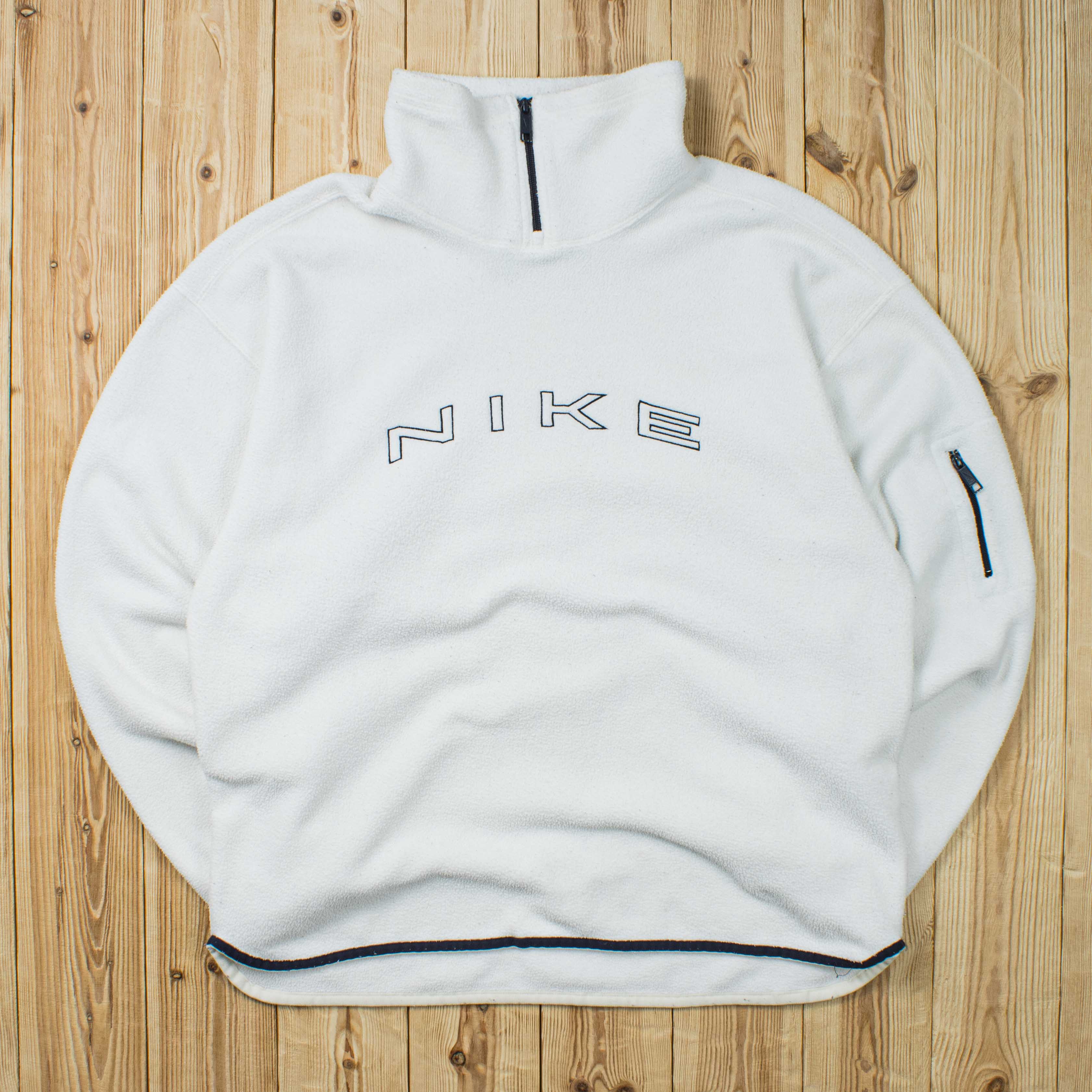 (L) Vintage Nike Spell Out Embroidered Fleece Quarter-Zip Sweatshirt