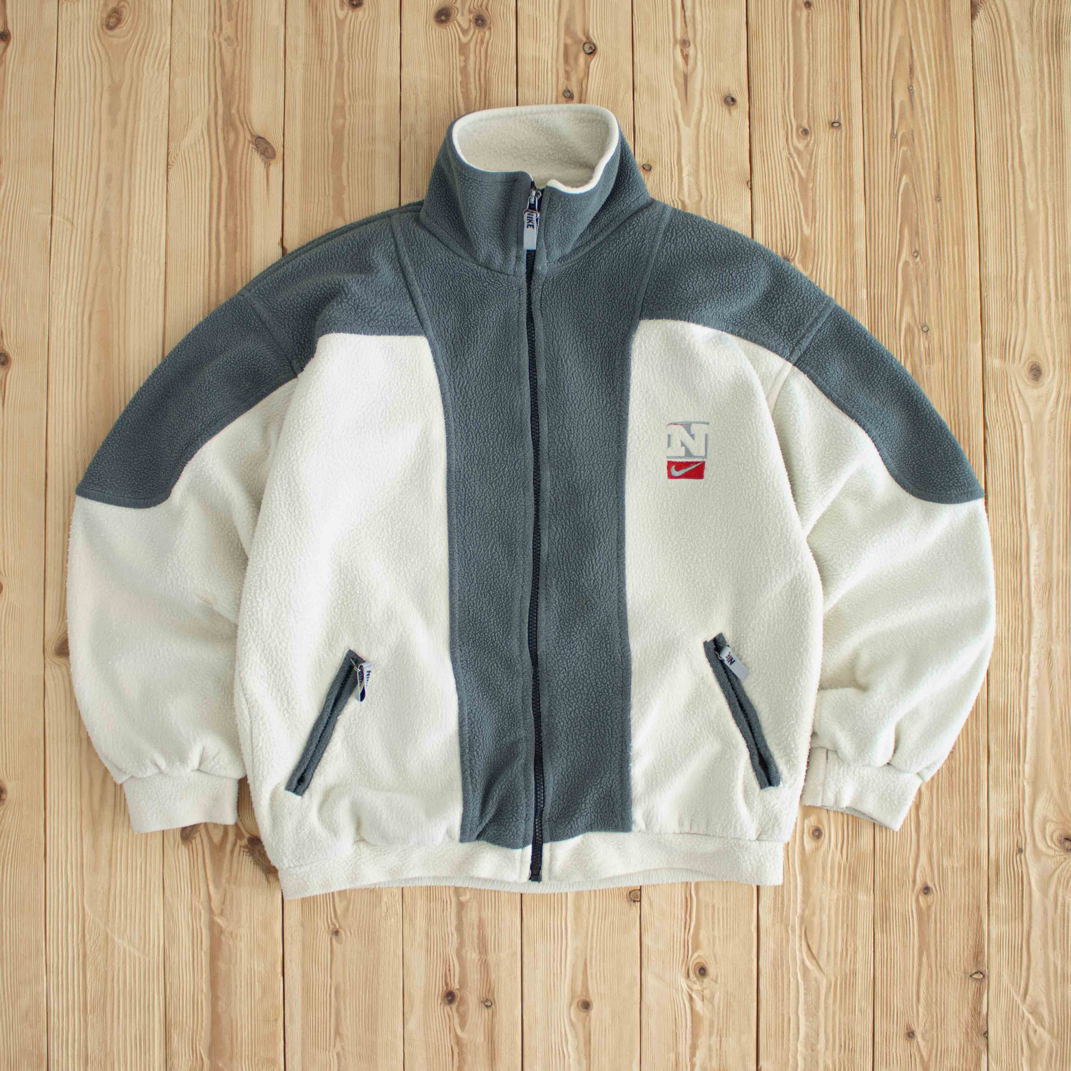 (M/L) Nike Fleece Vintage Embroidered Full-Zip Sweatshirt Beige