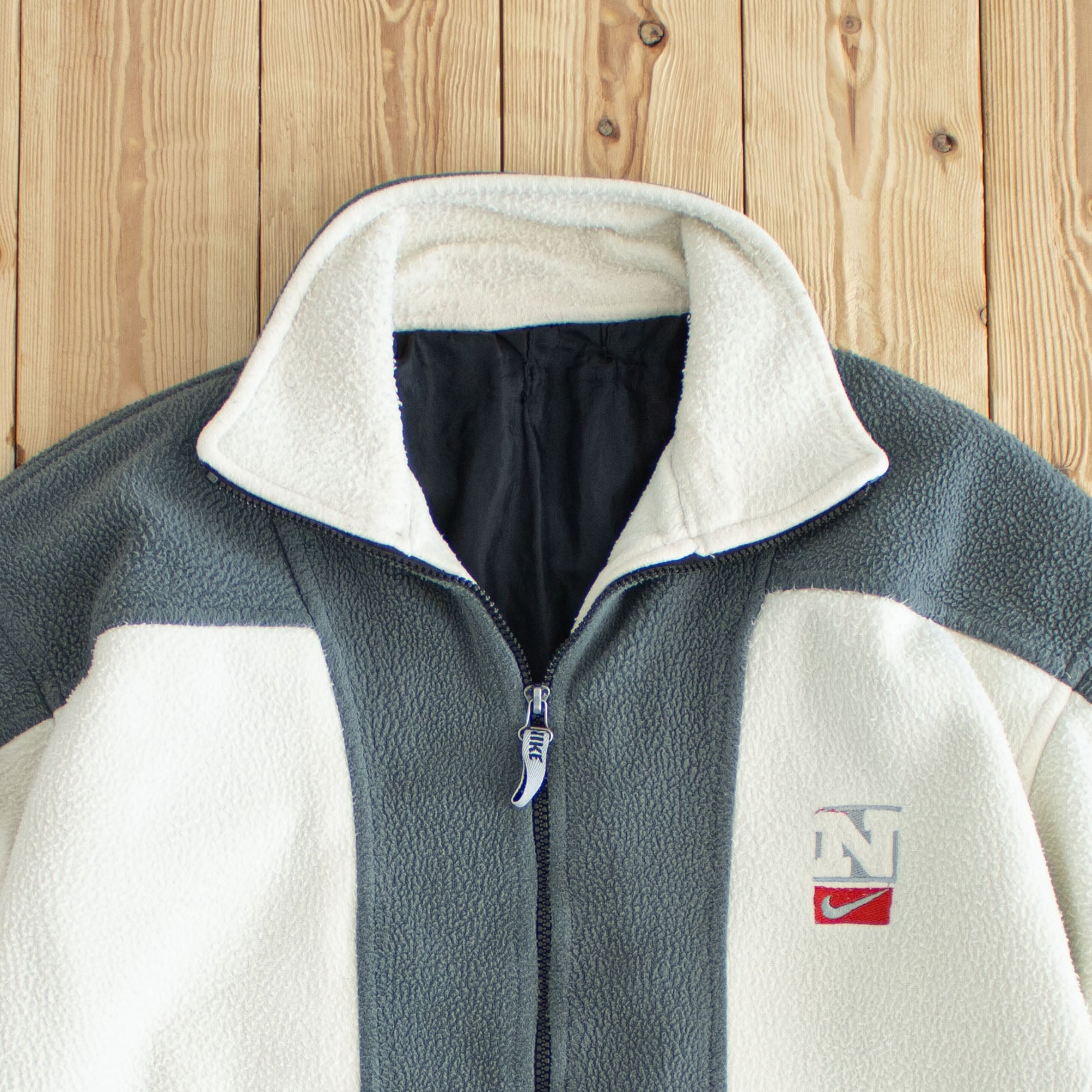 (M/L) Nike Fleece Vintage Embroidered Full-Zip Sweatshirt Beige